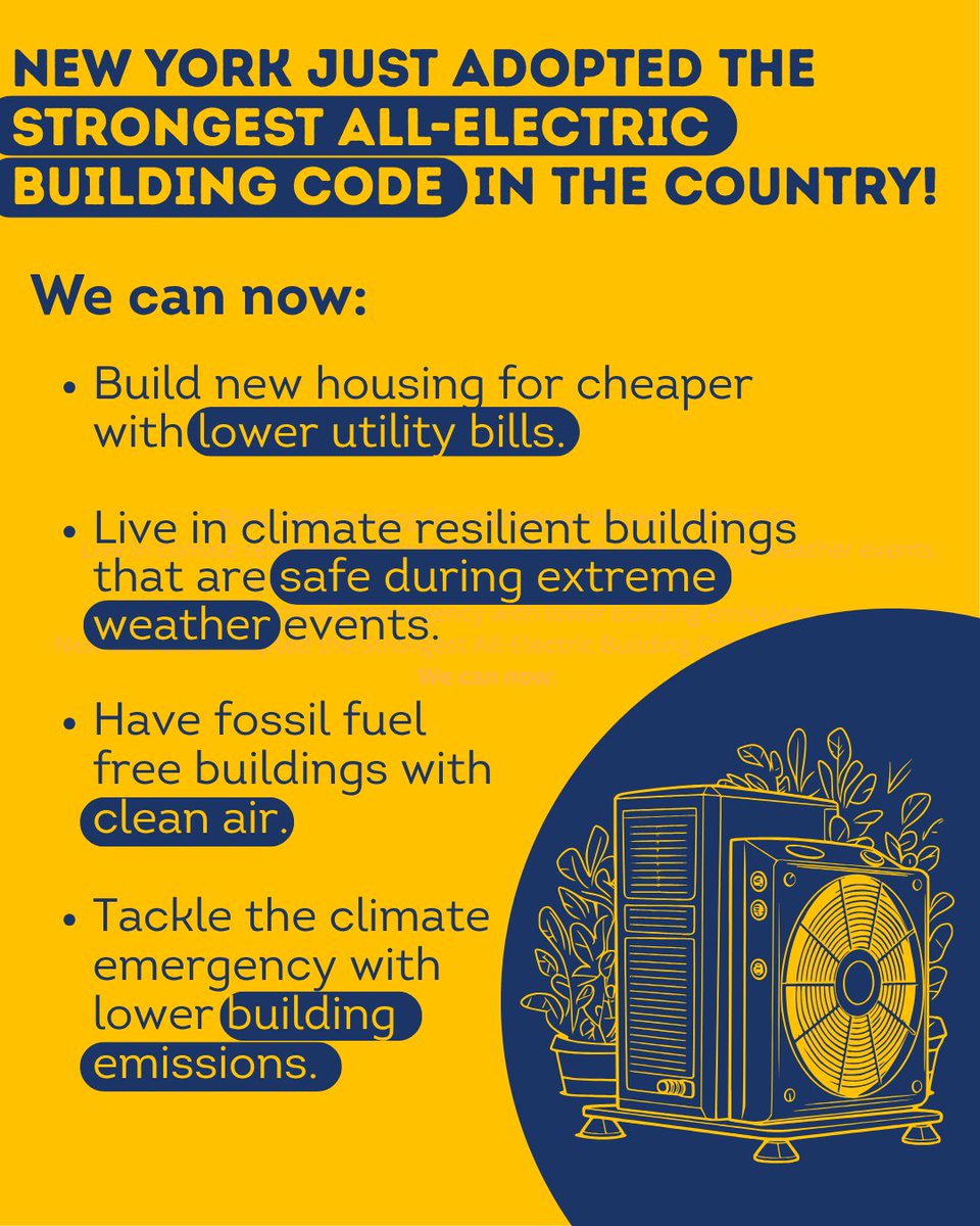 New York just passed the strongest all-electric new buildings code in the country.  

New construction will use clean,  technologies like heat pumps for heating and cooling, cutting utility bills, improving air quality &amp; moving away from fossil fuels. bit.ly/45gE3n8