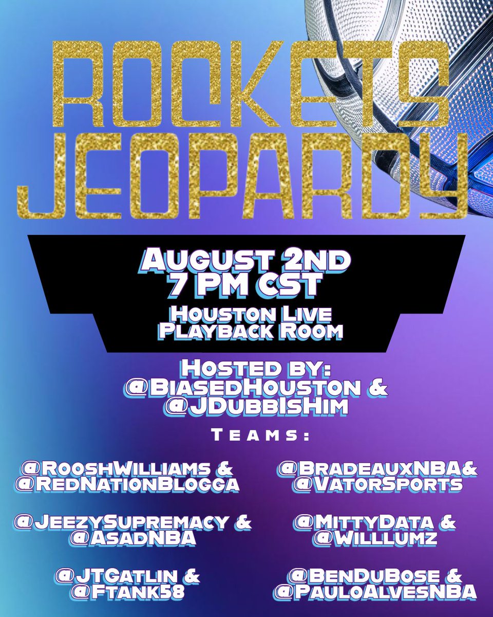 ᵂᴵᴸᴸ (@biasedhouston) on Twitter photo TODAY @7 PM CT in the <a href="/HoustonLiveRoom/">Houston Live</a> (link below)
Do not miss out on Rockets Trivia Night, starring your favorite Rockets Twitter content creators! TODAY @7 PM CT in the <a href="/HoustonLiveRoom/">Houston Live</a> (link below)
Do not miss out on Rockets Trivia Night, starring your favorite Rockets Twitter content creators!