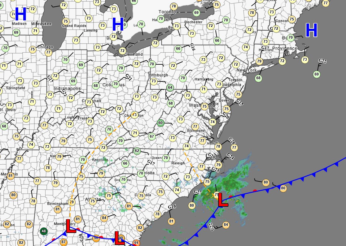 What a difference in temperatures today. Front has pushed further south and high pressure to our north is providing cooler temperatures but with plenty of cloud cover. A few showers/drizzle expected over the mountains this afternoon, mainly toward the NC/TN/VA border area.