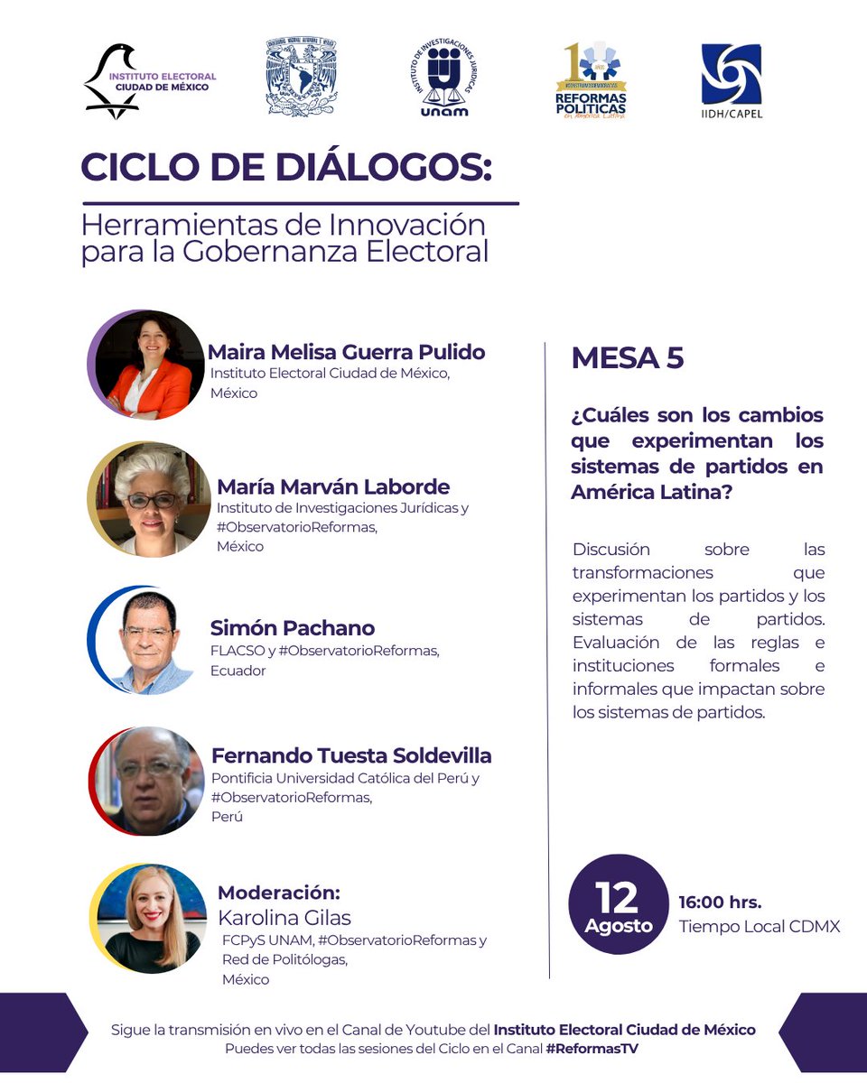 IECM (@iecm) on Twitter photo El 12 de agosto, <a href="/MaimelGuerra/">Melisa Guerra (ella)</a>, <a href="/MarvanMaria/">Maria Marván Laborde</a>, Simón Pacheco, <a href="/tuesta/">Fernando Tuesta Soldevilla</a> y <a href="/KarolinaGilas/">Karolina Gilas</a> nos acompañarán en la Mesa 5 del Ciclo de Diálogos: Herramientas de Innovación para la #GobernanzaElectoral.
Regístrate 👉🏼 forms.office.com/pages/response… El 12 de agosto, <a href="/MaimelGuerra/">Melisa Guerra (ella)</a>, <a href="/MarvanMaria/">Maria Marván Laborde</a>, Simón Pacheco, <a href="/tuesta/">Fernando Tuesta Soldevilla</a> y <a href="/KarolinaGilas/">Karolina Gilas</a> nos acompañarán en la Mesa 5 del Ciclo de Diálogos: Herramientas de Innovación para la #GobernanzaElectoral.
Regístrate 👉🏼 forms.office.com/pages/response…