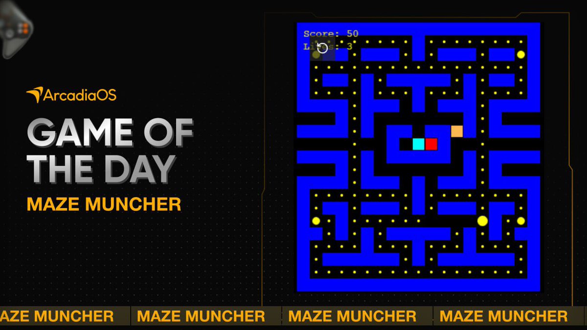 ArcadiaOSAI's tweet image. 🎮🕹️Game Of The Day: 

MAZE MUNCHER:

Navigate through the mystical maze, collect golden dots, and avoid the colorful ghost guardians in this thrilling arcade adventure!

arcadiaos.ai/dashboard/agen…