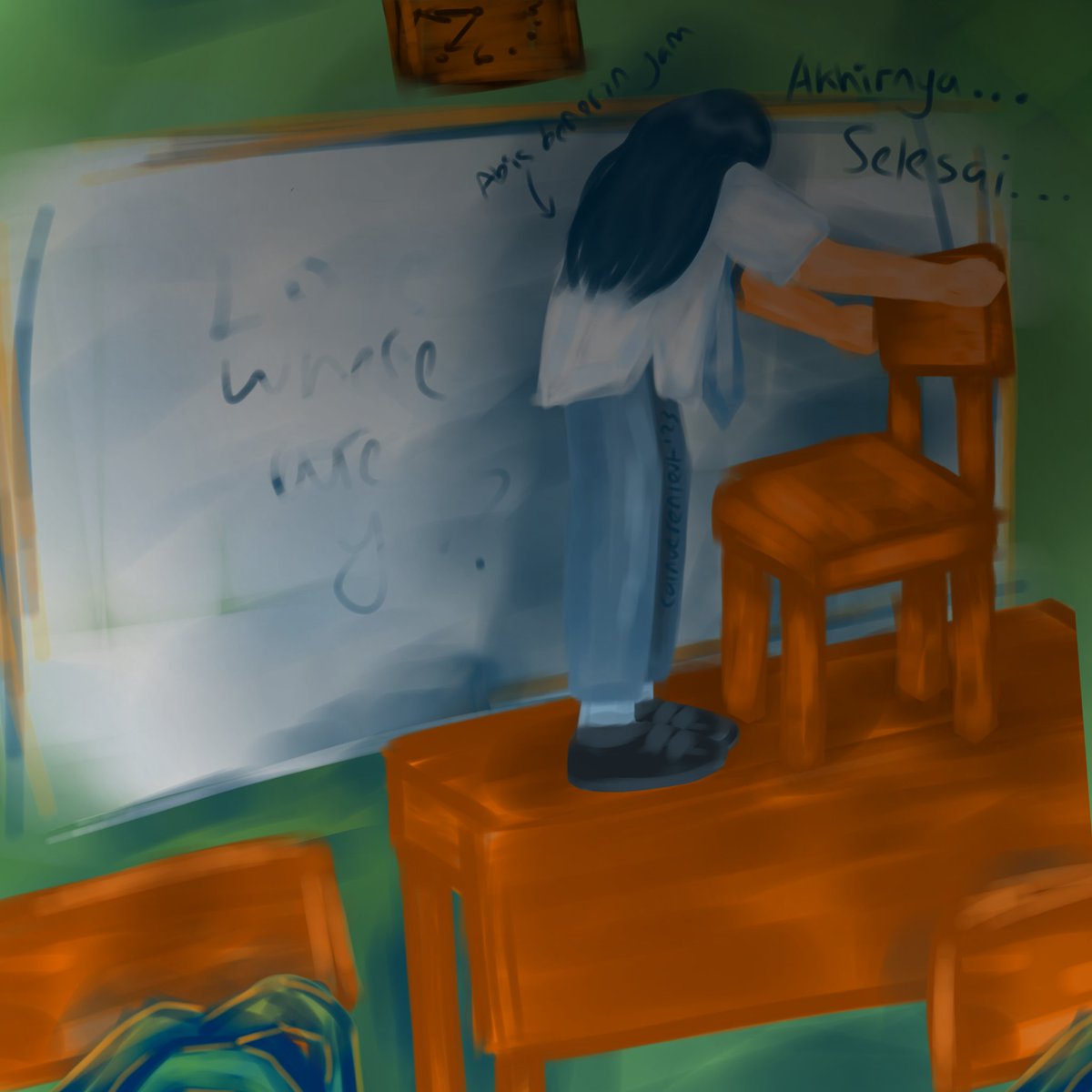 Verenlevt123's tweet image. #KYGinTheSchool Efek jadwal piket bagi Dede: harus naik meja + kursi buat benerin jam

#school #ocnyaver @kuyangtist