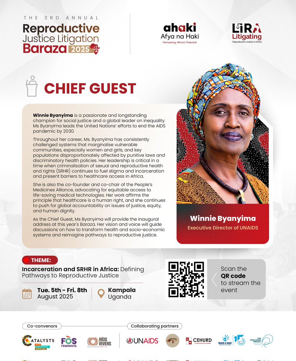 <a href="/UNAIDS/">UNAIDS Global</a> Executive Director <a href="/Winnie_Byanyima/">Winnie Byanyima</a> will be joining <a href="/afyanahakiug/">Afya na Haki</a> for the 3rd annual Reproductive Justice Litigation Baraza next week.  #SRHR #endAIDS 

📆 Wed, 6 Aug Watch: youtube.com/live/N6YFtXP1u…