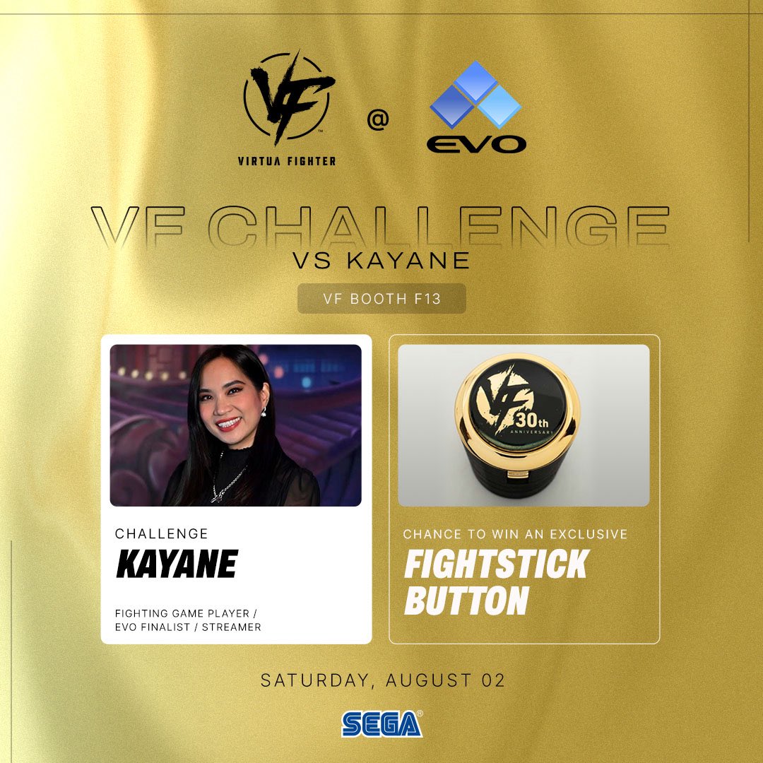 Meet and play VS me and my Pai Chan at Virtua Fighter REVO (booth F31) today at #EVO2025 starting 11:30AM for one hour exhibition !

Get a chance to win an exclusive fighstick button ! 🔥 

<a href="/VF_SEGA/">VIRTUA FIGHTER</a> <a href="/SEGA/">SEGA</a>