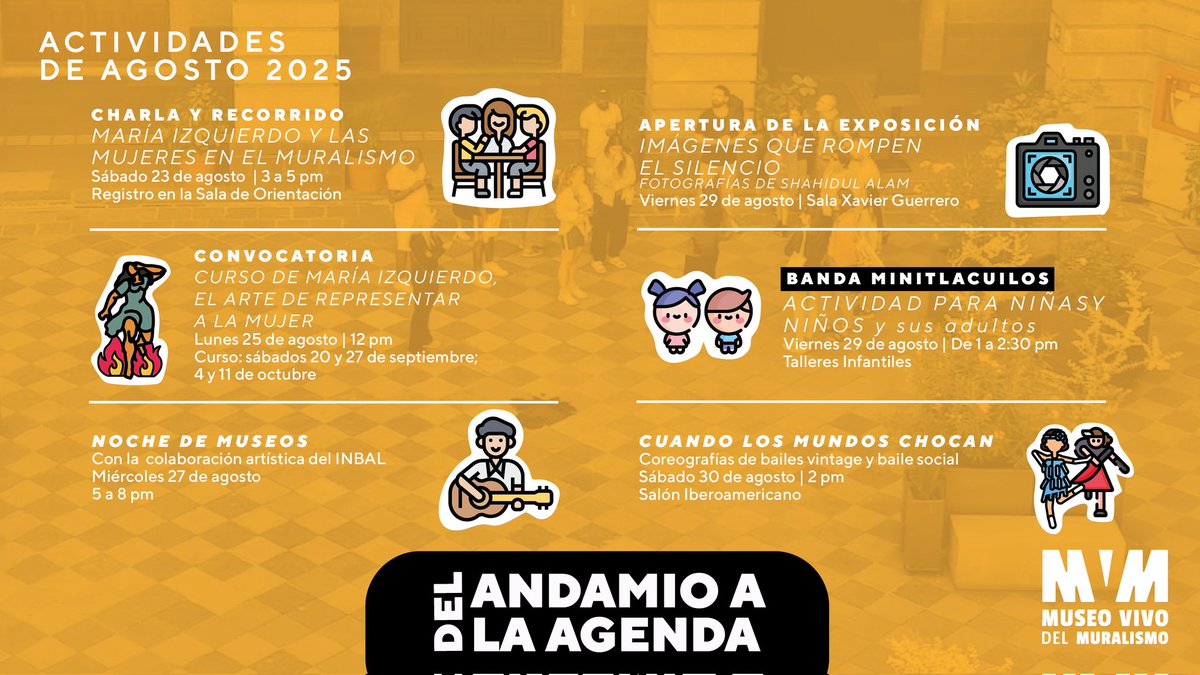 🌞 ¡Arte, baile, historia y comunidad este #AgostoEnElMVM!

🗓️ Consulta nuestro #DelAndamioalaAgenda y descubre las actividades especiales.

💃 Bailes sociales que recorren épocas y estilos, concierto acústico, actividades para #Minitlacuilos, rally de verano,  y mucho más. 🤩