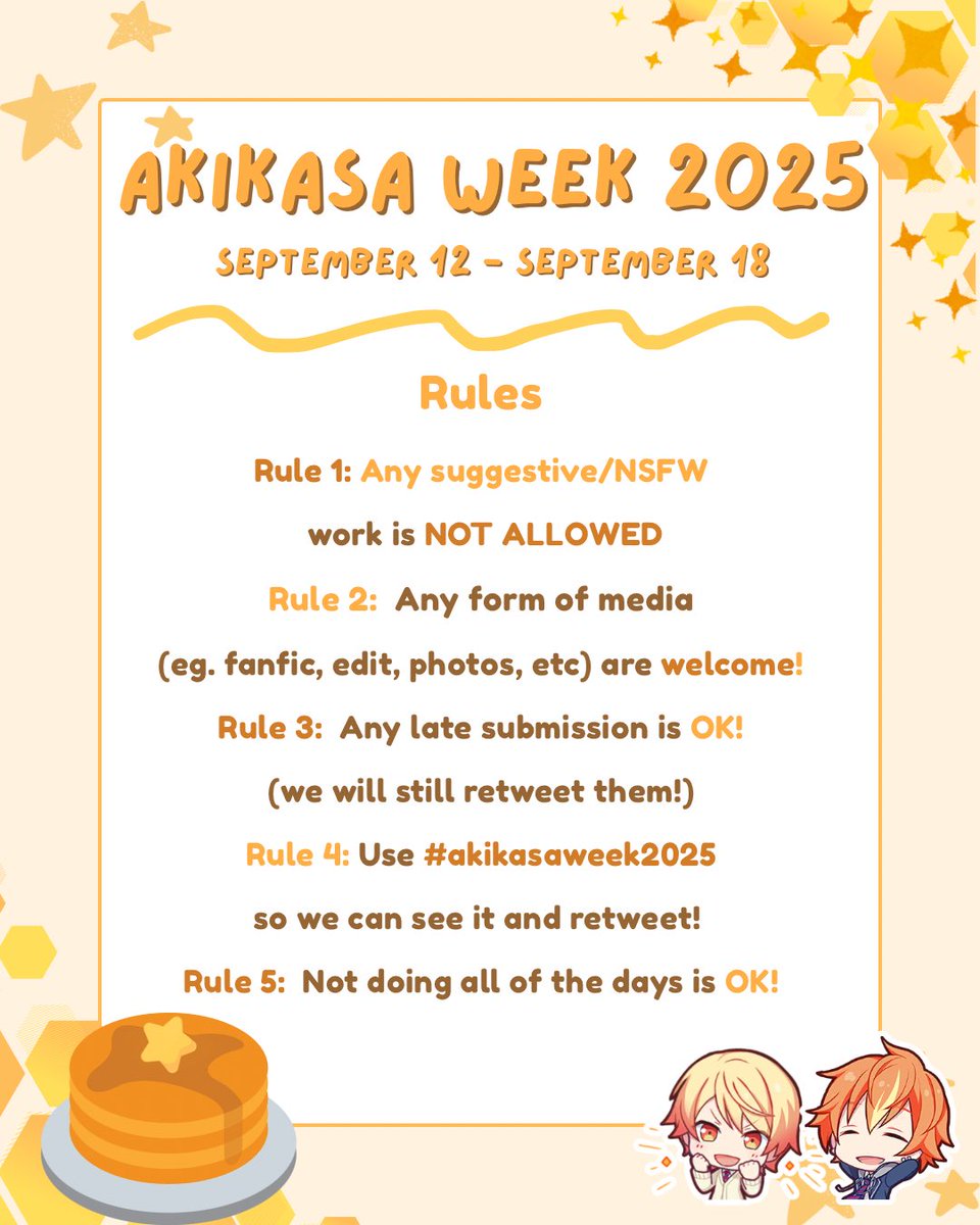 akikasaweek's tweet photo. We would like to announce that Akikasa week 2025 will be starting on September 12th to 18th!! Remember to read the rules and use #akikasaweek2025 on your works!

Rts are highly appreciated!!🥞🌟 #akikasa #彰司 #司彰 https://t.co/FpFzOHCwJa