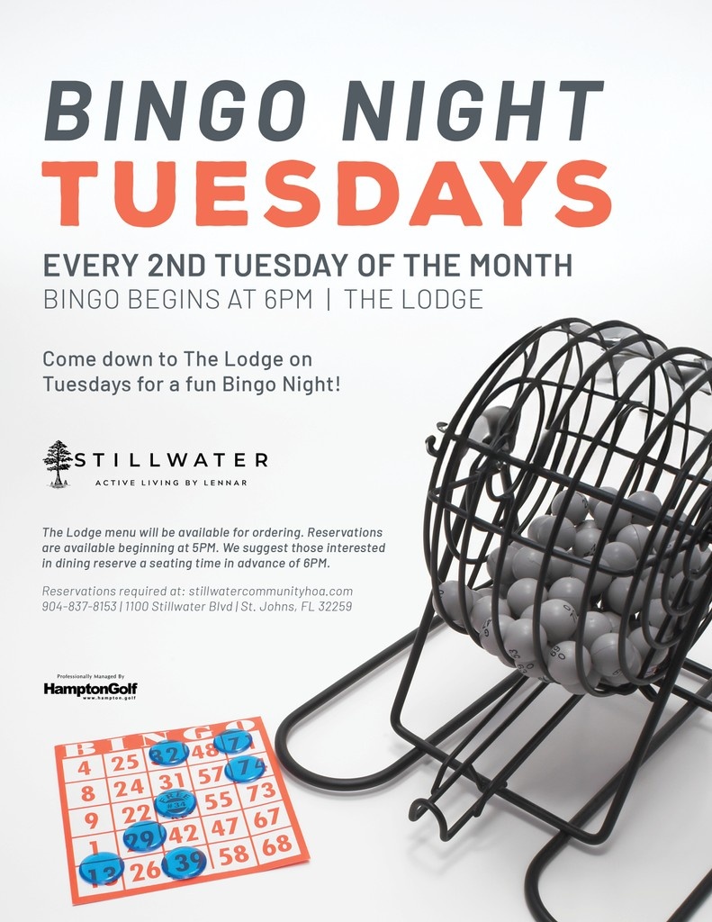 Stillwatergcc's tweet photo. Join us on Tuesdays for 𝔹-𝕀-ℕ-𝔾-𝕆!

Every 2nd Tuesday of the Month
Bingo Begins at 6PM | The Lodge

𝗥𝗲𝘀𝗲𝗿𝘃𝗮𝘁𝗶𝗼𝗻𝘀 𝗿𝗲𝗾𝘂𝗶𝗿𝗲𝗱: https://t.co/351Vx9mmqr

For more information, please contact the club: (904) 837-8153 https://t.co/9MCXogI8S3