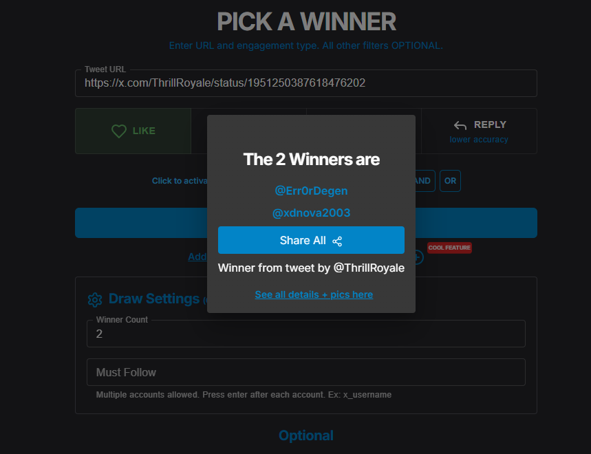 ThrillRoyale's tweet photo. 2 winners from X giveaway gonna recieve 5$ each soon more giveaways on X and also on our tg chanel
https://t.co/3ejwamjQ6Q
@Err0rDegen
@xdnova2003 
check dms to recieve ur prize https://t.co/tJ0viYWQsZ