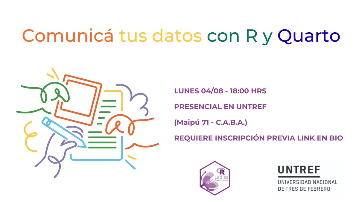 R-Ladies BuenosAires (@rladiesba) on Twitter photo Llega un nuevo Meetup de RLadies  "Comunicá tus datos con R yQuarto"
¡Agendá!  Este lunes 4/08 18:00 hs. 
En  @untref Sede CABA
Requiere inscripción Inscripción gratuita 👇
meetup.com/rladies-buenos…
#Rladies #CienciaDeDatos #Reproducibilidad Llega un nuevo Meetup de RLadies  "Comunicá tus datos con R yQuarto"
¡Agendá!  Este lunes 4/08 18:00 hs. 
En  @untref Sede CABA
Requiere inscripción Inscripción gratuita 👇
meetup.com/rladies-buenos…
#Rladies #CienciaDeDatos #Reproducibilidad
