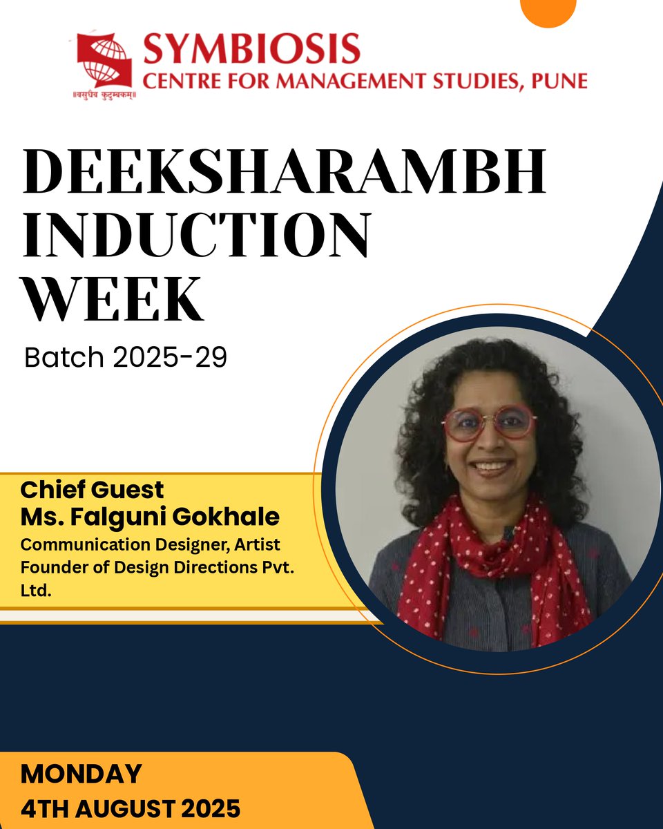 SCMS-Pune is all set to welcome its new batch 2025-29
4th August marks the beginning of the Induction Ceremony. 
Falguni Gokhale, Communication Designer, Artist, Founder of Design Directions Pvt. Ltd., will address the new batch of students
#SCMSPune #bestbbacollege #orientation