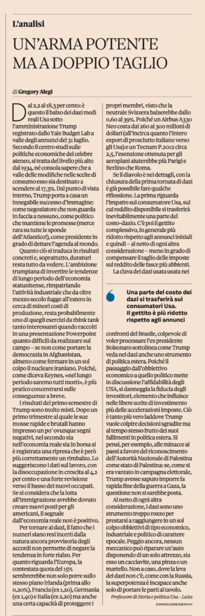 Stamattina il mio commento sui dazi di Trump era l'articolo più letto dell'edizione online del <a href="/sole24ore/">IlSole24ORE</a>. Sarà merito delle ampie citazioni nella rassegne di <a href="/mrctrdsh/">marco taradash</a> su <a href="/RadioRadicale/">Radio Radicale</a> e di <a href="/SkyTG24/">Sky tg24</a>, sarà perché è il primo sabato di agosto. Ma fa tanto piacere lo stesso.
