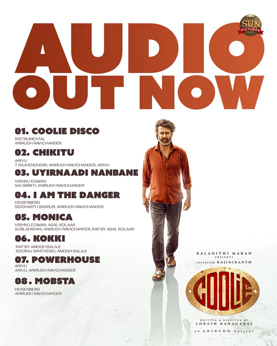 sunpictures's tweet photo. #Coolie audio out now!💥❤️ 

🎵 https://t.co/p92ZK01seR

#Coolie releasing worldwide August 14th

@rajinikanth @Dir_Lokesh @anirudhofficial #AamirKhan @iamnagarjuna @nimmaupendra #SathyaRaj #SoubinShahir @shrutihaasan #TRajendar @Arivubeing @VishnuEdavan1 #SaiSmriti @siddharthbasrur @AsalKolaar #Sublahshini @AmoghBalaji @soorajslive #CoolieFromAug14