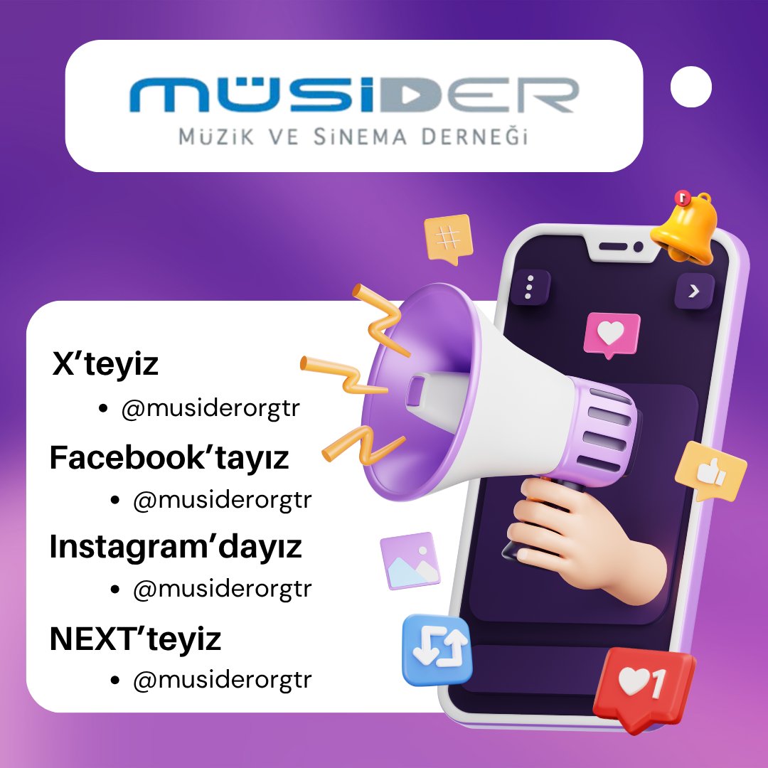 Müzik ve Sinema Derneği (MÜSİDER) resmi sosyal medya hesaplarımız:

X: <a href="/musiderorgtr/">Müzik ve Sinema Derneği</a> 
Facebook: fb.com/musiderorgtr/
IG: instagram.com/musiderorgtr/
NEXT: sosyal.teknofest.app/@musiderorgtr