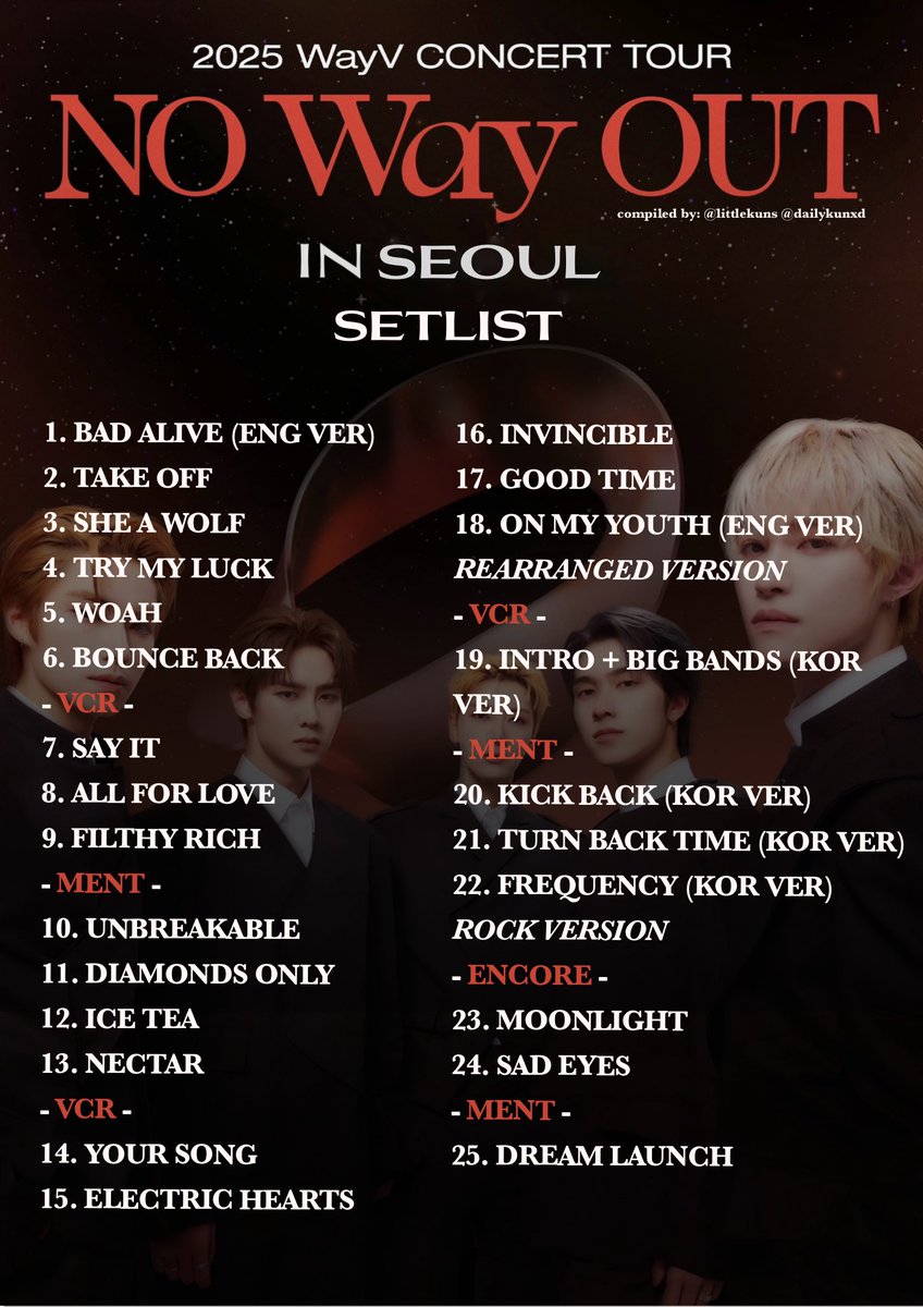 dailykunxd's tweet photo. 2025 WayV [NO Way OUT] Concert SETLIST and PLAYLIST

📍Seoul
Spotify: https://t.co/8auMmDFaOE
Apple Music: https://t.co/lusBvLkZxV
YouTube: https://t.co/Yc5v5261Ir

@WayV_official #WayV #威神V
#NOWayOUT #WayV_NOWayOUT
#WayV_NOWayOUT_CONCERT_in_SEOUL https://t.co/qqlsyjYj7F