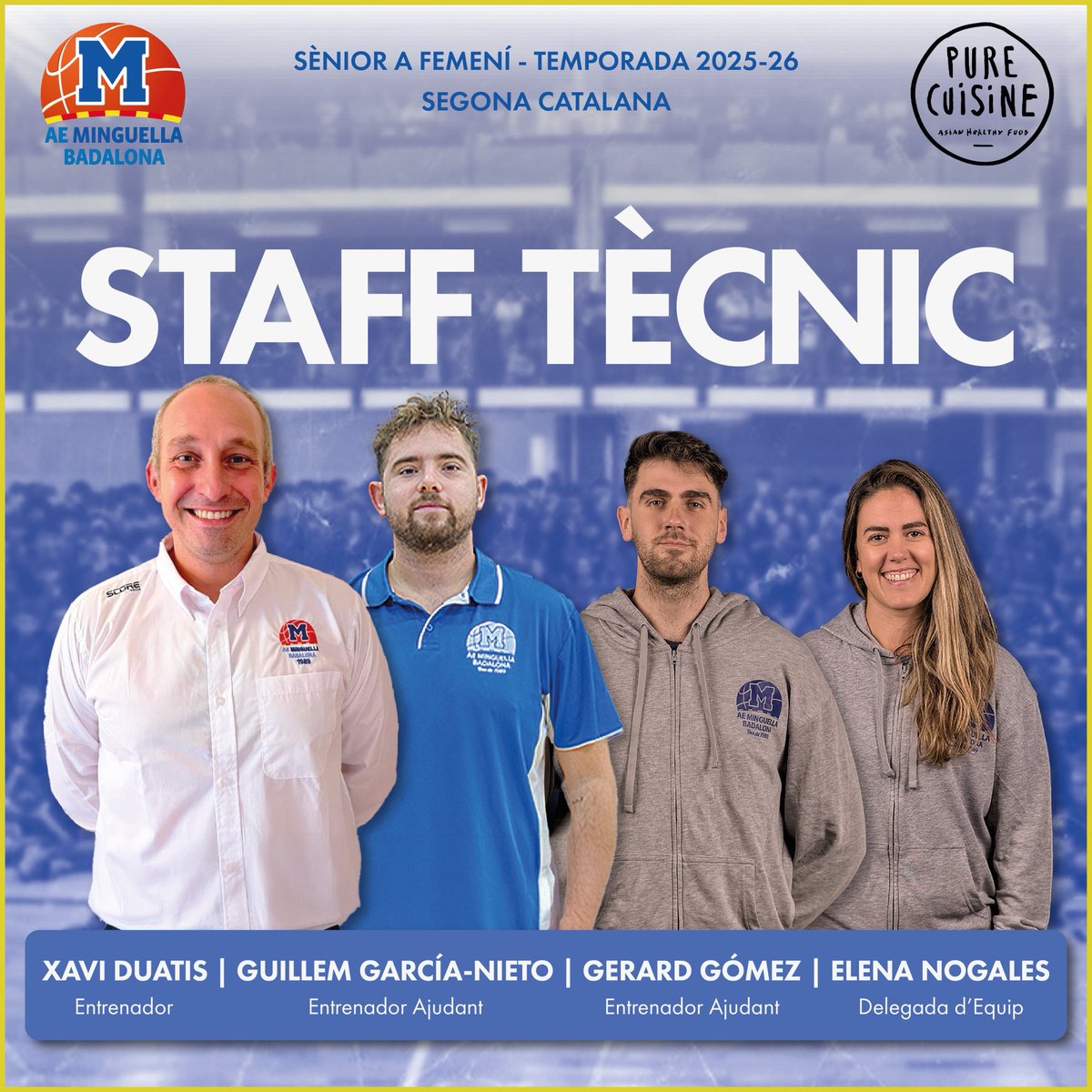 Nova incorporació d’en Xavi Duatis que agafa el timó de l’equip en aquesta nova categoria.
La parella d’ajudants,Guillem i Gerard,dos joves formats a la casa que fan el salt al primer equip
L’Elena és l’única que renova com a delegada d’equip on ens ajudarà amb les estadístiques