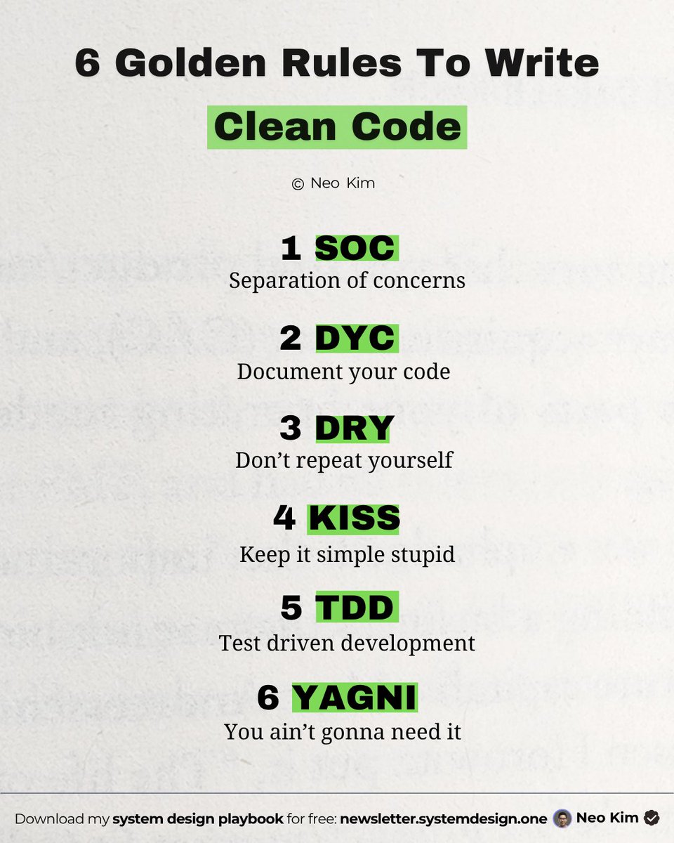 systemdesignone's tweet image. If you want to write clean code, then learn these 6 rules: