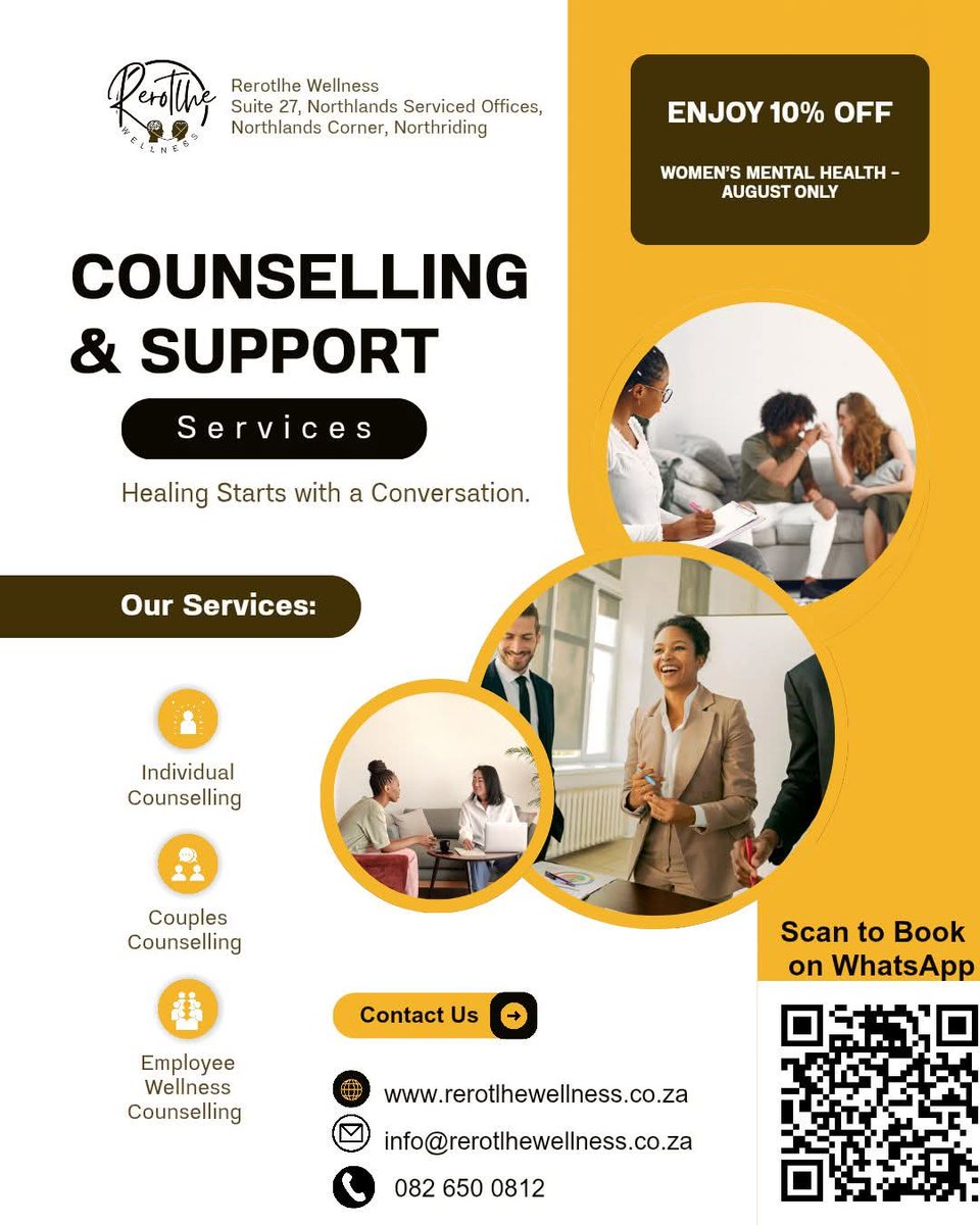 Wellness_M3's tweet photo. 💛Women’s Mental Health Month Special 💛

Enjoy 10% OFF counselling sessions this August at Rerotlhe Wellness!

🗣️ Individual | Couples | Employee Wellness

Because healing starts with a conversation. 

📞 082 650 0812 
🌐 https://t.co/73EvXzBr4D

#WomensMonth #MentalWellness https://t.co/L1UesfAPIO