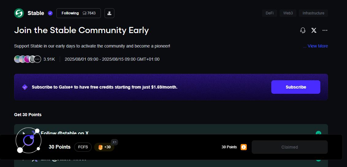 I have participated in the 1st galxe quest of <a href="/stable/">Stable</a> 

I won't lie, it was a bit stressful cos' the only way my account could claim those 30 points was to participate in the APY (kinda Galxe own staking).

So i had to find my way around.

But i did it ... <a href="/stable/">Stable</a> is for all