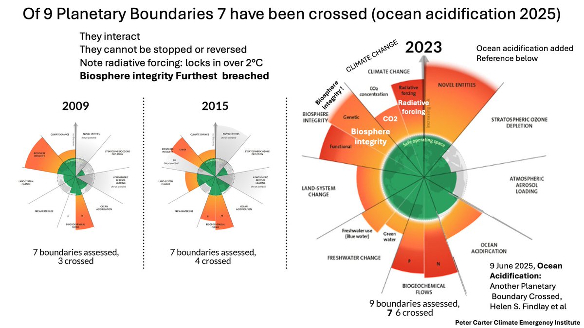 Uno de los gráficos más importantes de nuestro tiempo (y menos difundido).

Hay 9 límites que la humanidad debe respetar para mantener el planeta habitable.

➡️2009: 2 límites sobrepasados.
➡️2015: 3
➡️2023: 6 

➡️2025: 7 (acidificación de los océanos).