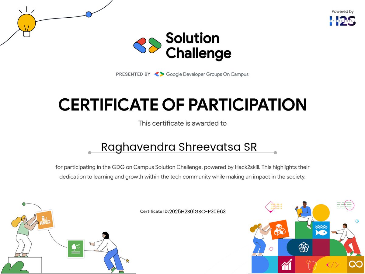 raghavv2710's tweet image. Happy to have been a part of the GDG on Campus Solution Challenge! The real reward was the knowledge gained, not just this certificate. Thanks, Hack2skill, for an amazing learning experience! #SolutionChallenge #GDG #TechCommunity