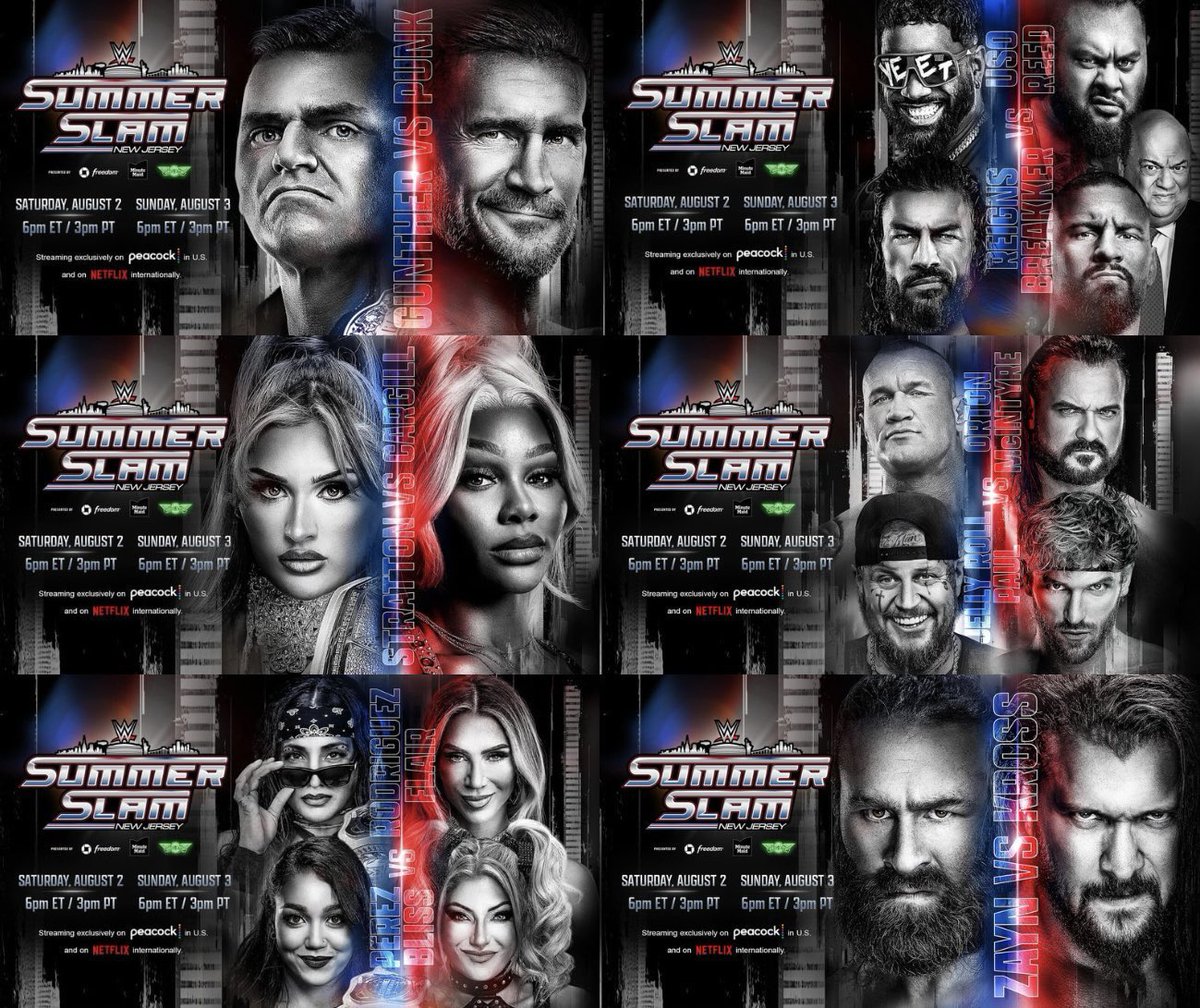 #SummerSlam Night 1 predictions.

- Bron and Bronson win.
- Jade Cargill is the new WWE Women’s Champion.
- Randy Orton and Jelly Roll win.
- Alexa Bliss and Charlotte Flair are the new WWE Women’s Tag Team Champions.
- Karrion Kross wins.
- CM Punk is the new World Heavyweight