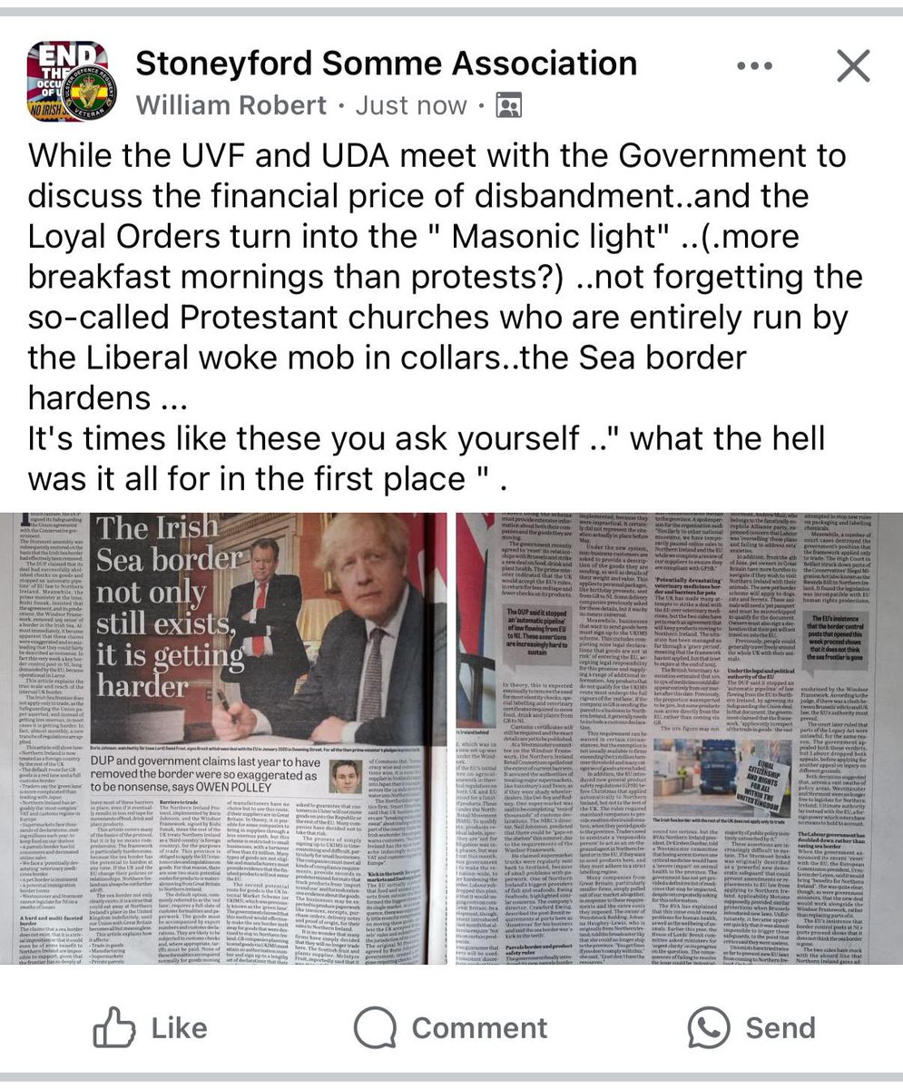 While the Stoneyford Orange Volunteers have been openly discussing war on Facebook for years but haven’t threw as much as a stone in anger 😂

Mark Harbinson and his gang of Walter Mittys offer nothing, absolutely nothing positive to the Unionist community.