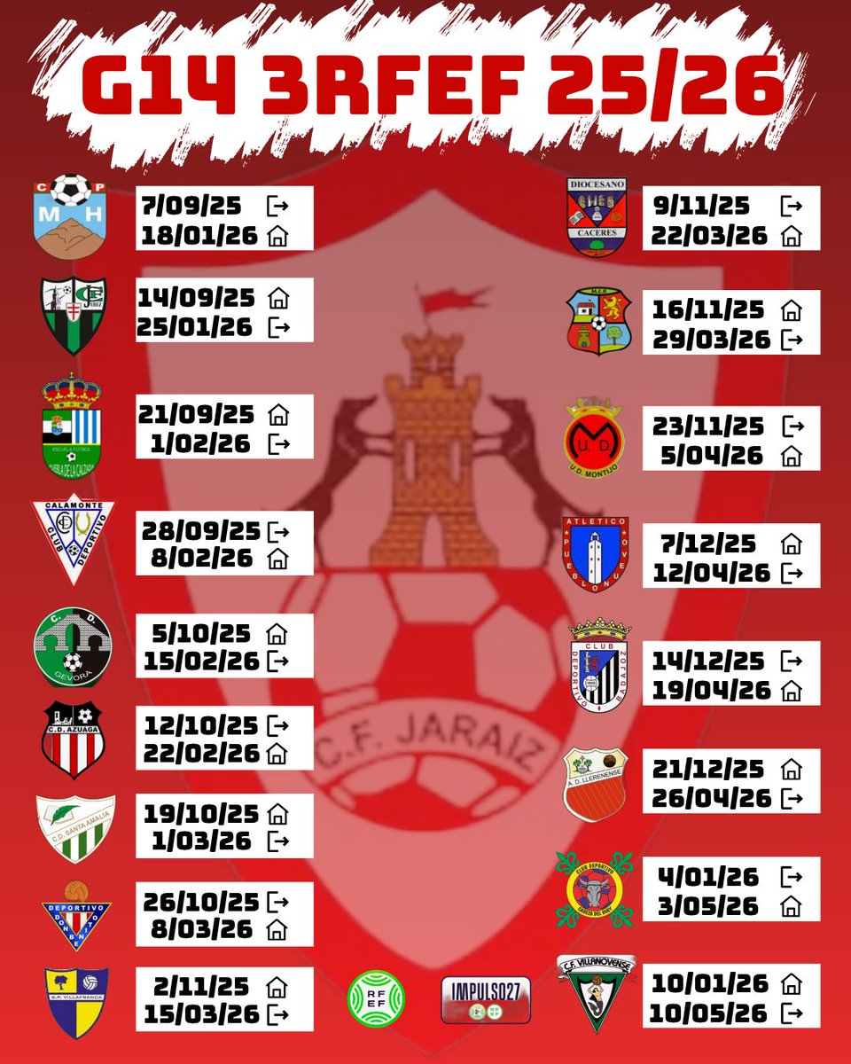 𝗖. 𝗙. 𝗝𝗔𝗥𝗔Í𝗭 𝟮𝟱/𝟮𝟲.
𝗖𝗔𝗟𝗘𝗡𝗗𝗔𝗥𝗜𝗢 𝗗𝗘 𝗟𝗜𝗚𝗔.
𝗧𝗼𝘂𝗿 𝗽𝗼𝗿 𝗘𝘅𝘁𝗿𝗲𝗺𝗮𝗱𝘂𝗿𝗮!!!
🌶️🌶️🌶️♥️💙⚽