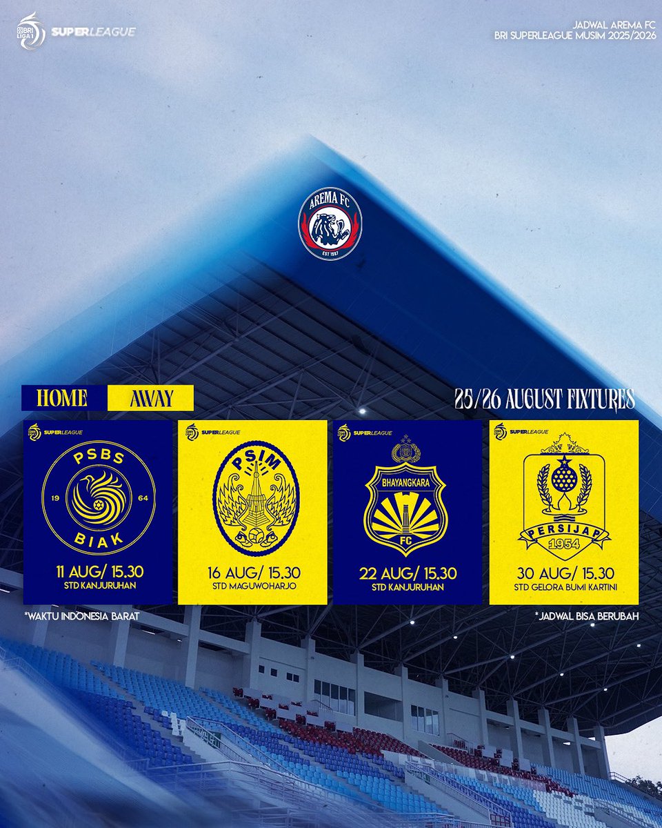 𝐀𝐫𝐞𝐦𝐚 𝐅𝐂 𝐒𝐜𝐡𝐞𝐝𝐮𝐥𝐞 𝐢𝐧 𝐀𝐮𝐠𝐮𝐬𝐭🦁🗓️💙

Bismillah...🤲

#AremaFC #Aremania #SalamSatuJiwa 
#BersinergiDalamSatuJiwa #BRISuperLeague202526
#B38RAVE