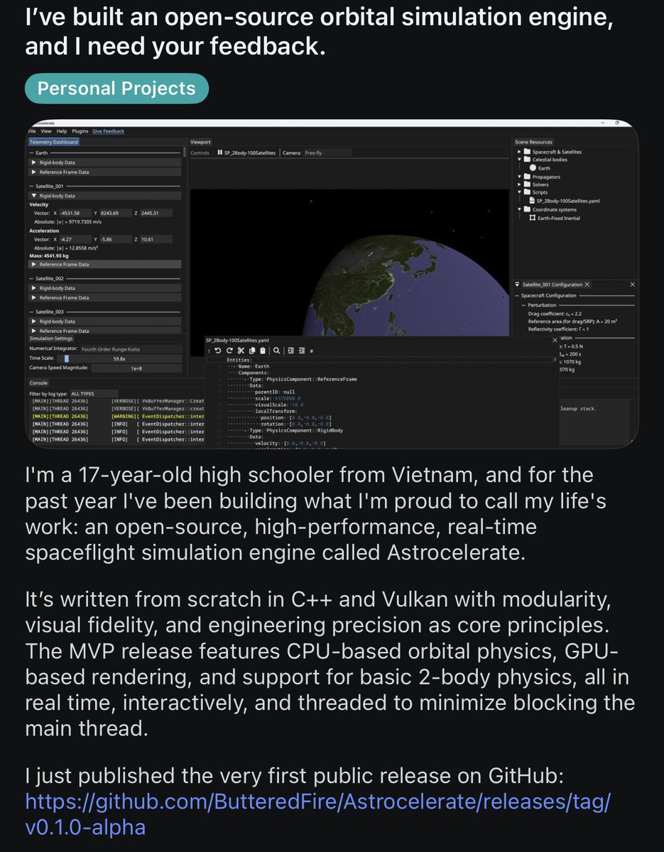 Xaraphim's tweet image. a 17 year old built an orbital simulation engine and i just feel the need to acknowledge this young man
link in comments