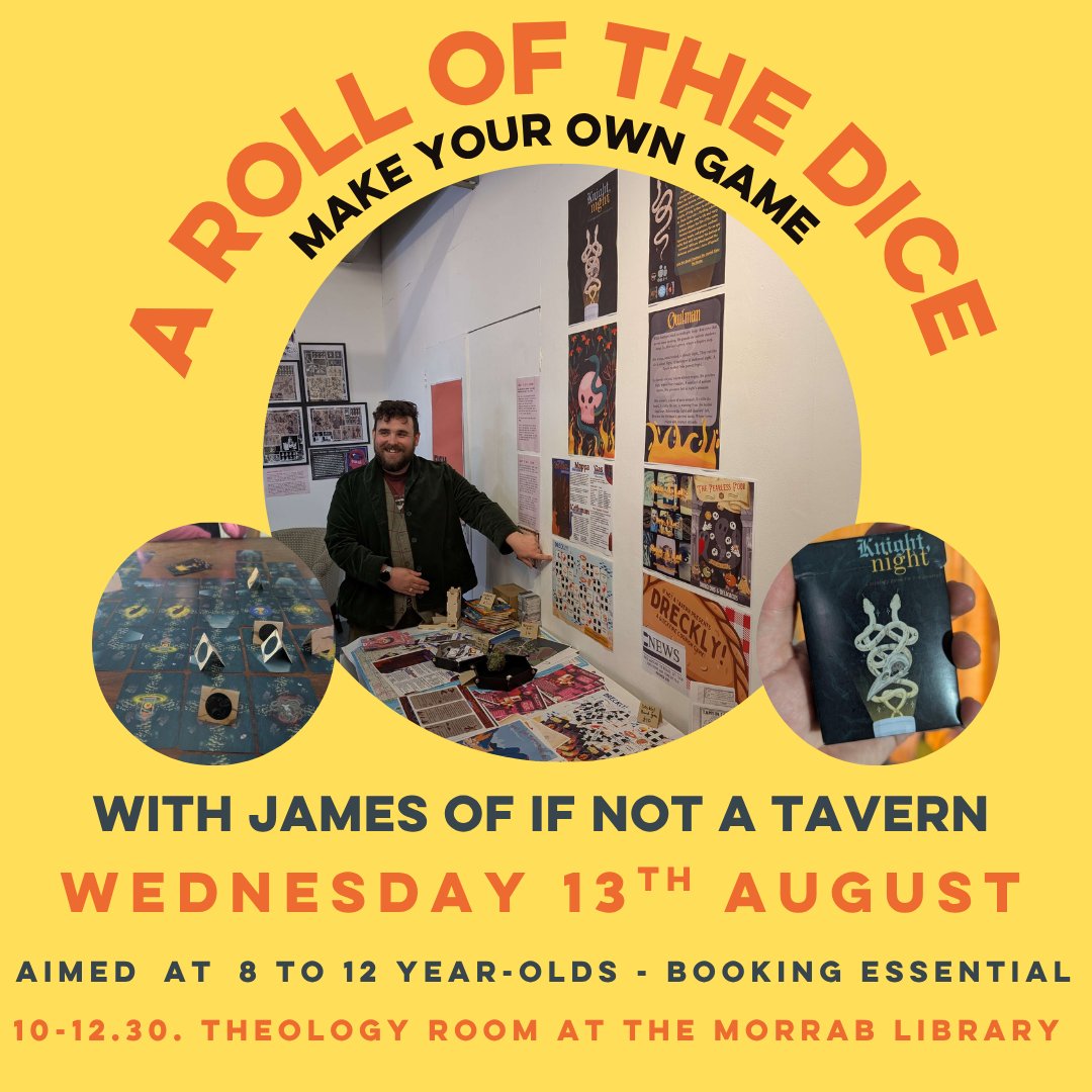 Our Library Assistant James Parnham-Kenny is running a fun games making workshop on Wednesday morning 13th August to design your own dice game. Booking essential! More info here: shorturl.at/OohJu , or contact the library. #SchoolHolidayActivities #DiceGames