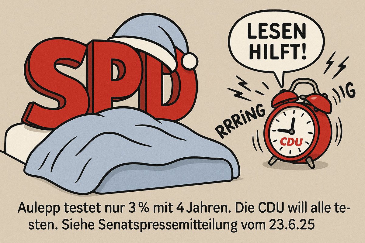 „Die SPD-Fraktion hat offenbar keinen Überblick über die Arbeit ihrer eigenen Bildungssenatorin Aulepp: Statt flächendeckend gibt es nur ein Modellprojekt in 16 von 448 Kitas für 4 jährige . Alle anderen Kinder werden weiterhin erst mit 5 Jahren Primo getestet.“ PM 23.6.25 Aulepp