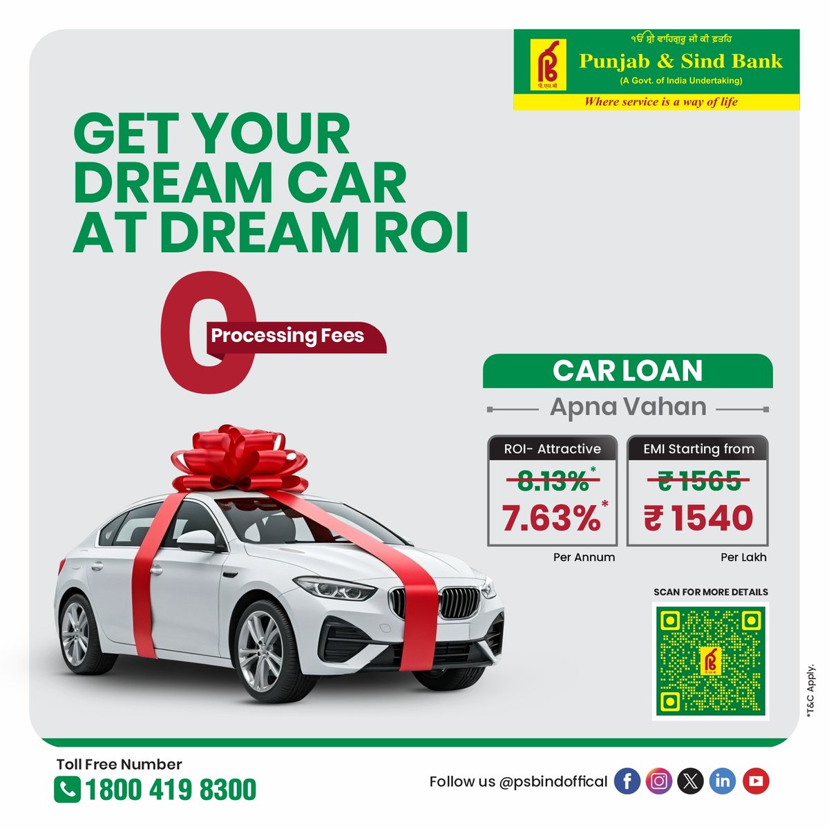 Shift into high gear! Punjab &amp; Sind Bank's Car Loan rates just dropped, putting you behind the wheel of your dream car sooner. Enjoy lower EMIs and flexible repayment options. Get moving today! 

#punjabandsindbank
#vehicleloan #dreamcar #ratescut #lowerinterestrates #lowerEMIs