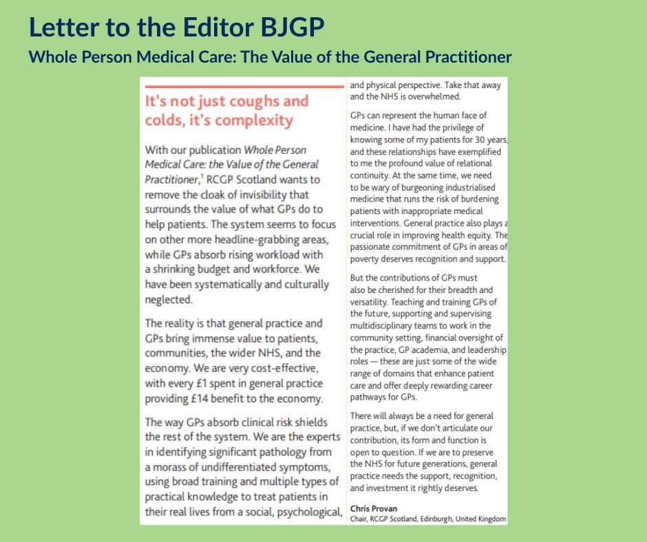 RCGP Scotland (@rcgpscotland) on Twitter photo Thanks to @BJGPJournal for publishing <a href="/ChrisProv22/">Chris Provan</a>'s letter on the College's recent report on the value of the general practitioner.
GPs absorb risk, shield the rest of the system and deliver whole-person medical care.
Read the report here: rcgp.org.uk/getmedia/737bb… Thanks to @BJGPJournal for publishing <a href="/ChrisProv22/">Chris Provan</a>'s letter on the College's recent report on the value of the general practitioner.
GPs absorb risk, shield the rest of the system and deliver whole-person medical care.
Read the report here: rcgp.org.uk/getmedia/737bb…