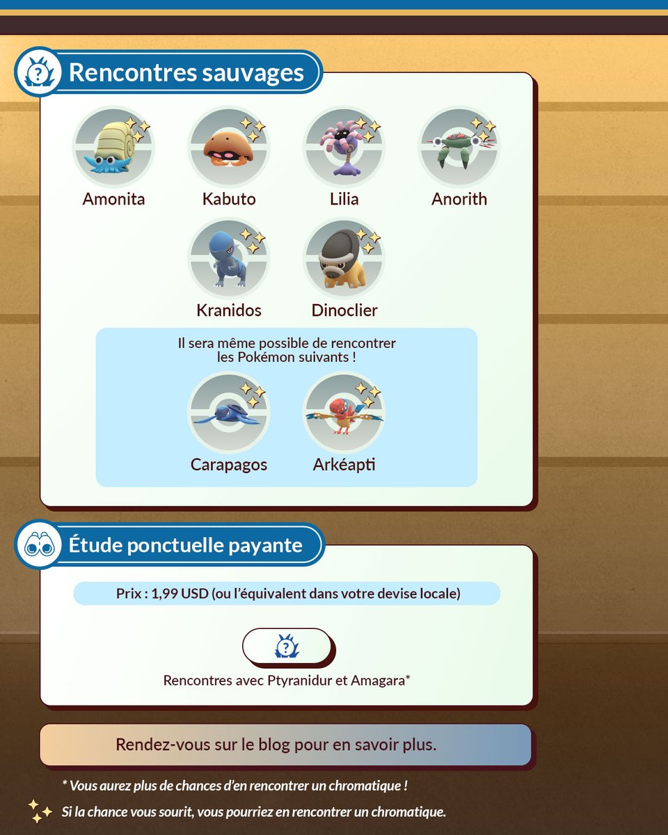 La Journée Étude Fossiles a commencé ! 🌎

Faites la rencontre de Pokémon comme Ptyranidur et Amagara et augmentez vos chances de les voir en version chromatique en accomplissant les tâches d’Étude de terrain de l’événement ✨