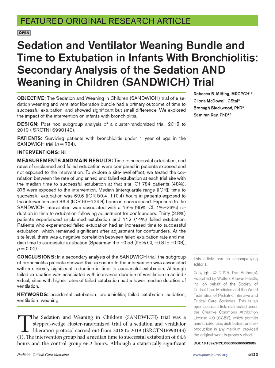Pediatric critical care teams should consider the introduction of the SANDWICH bundle, as the reduction in time to successful extubation in infants with bronchiolitis may impact seasonal bed pressures.

➡️ Read the research in PCCM: ow.ly/IgxE50Wwq0y

#PedsICU #SCCM <a href="/SCCM/">SCCM</a>