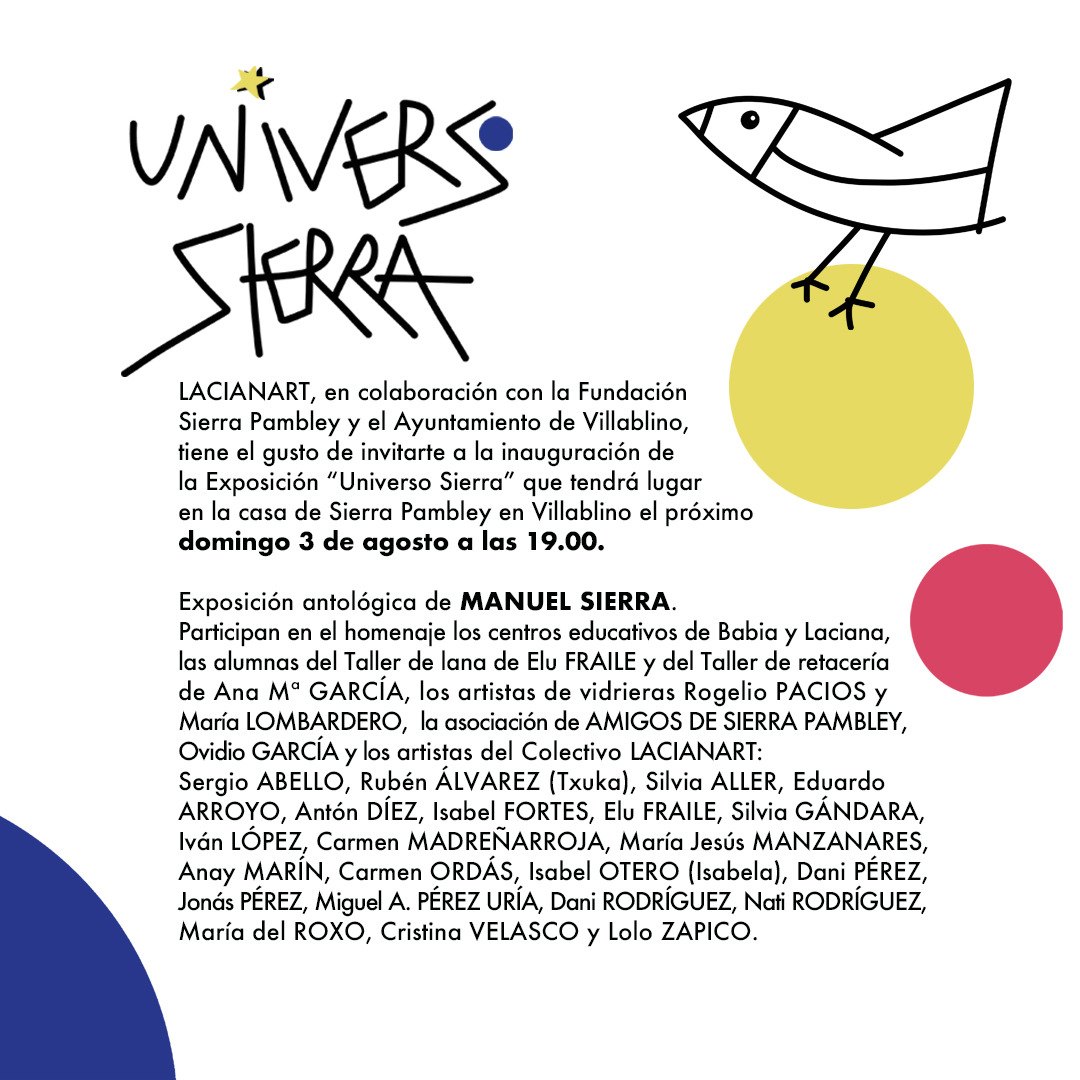 🎨Mañana se inaugurará en la Casa Sierar Pambley de #Villablino la exposición Universo Sierra (Lacianart), con obras del autor y artistas lacianiegos. Se podrá visitar durante agosto y septiembre.

#Arte #Lacianart #ValledeLaciana #Laciana #ManuelSierra #leonesp #UniversoSierra