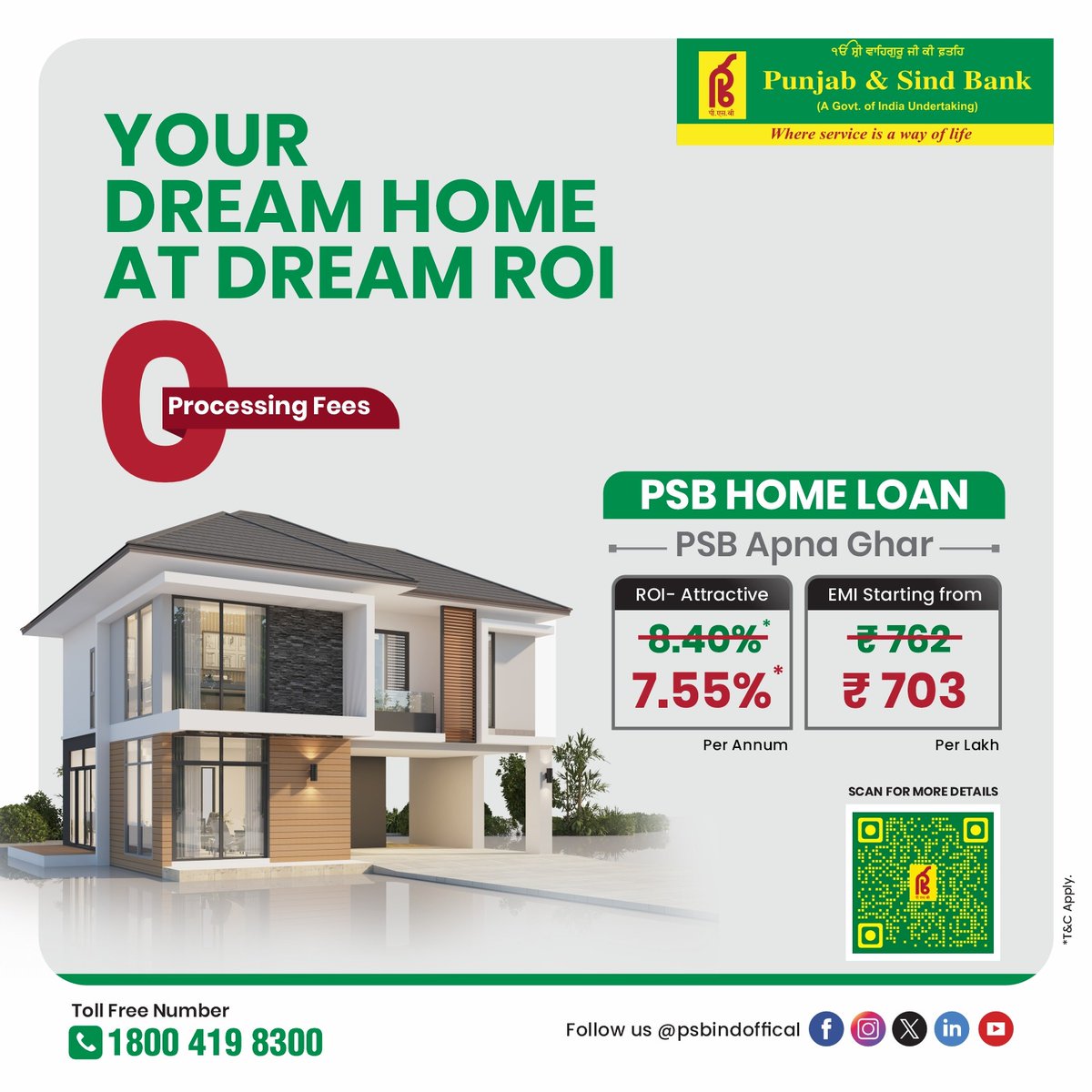 Lower Your Dream Home Costs! Punjab &amp; Sind Bank's Housing Loan now comes with reduced ROI and EMI. Visit our nearest branch or scan QR code to avail the benefits of lower interest rates and reduced EMIs.

#punjabandsindbank
#homeloan #dreamhome #housingloan #ratescut