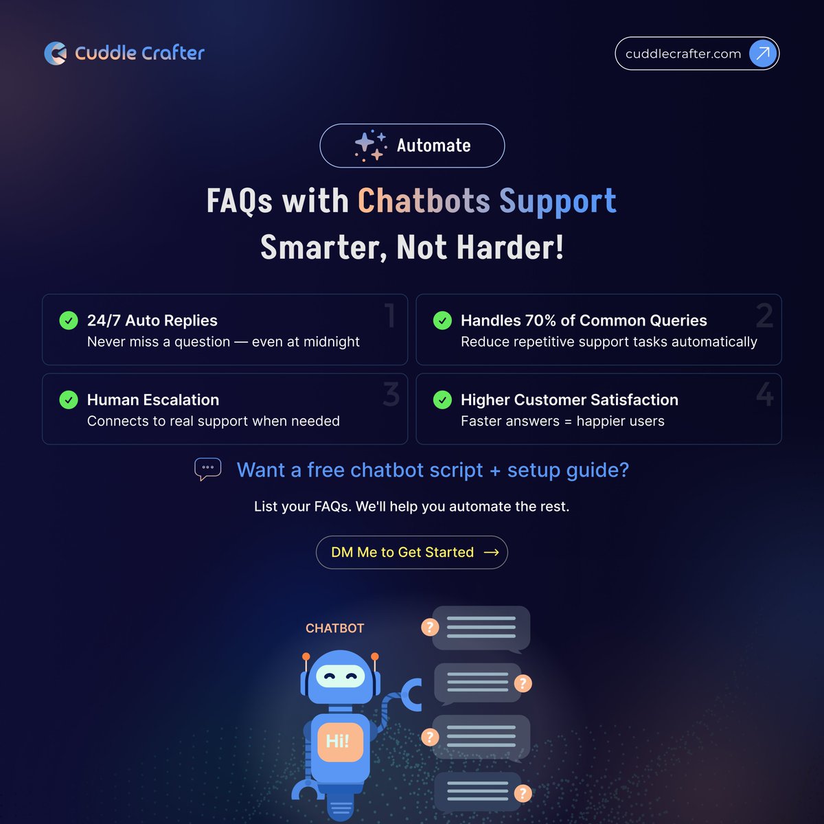 CuddleCrafter's tweet image. Your support team’s overwhelmed? Let a chatbot handle FAQs ✅​
⚡ Instant replies
⚡ 24/7 coverage
⚡ Up to 40% fewer tickets
⚡ Customers love it
DM for free chatbot script &amp;amp; setup guide!
#SmartSupport #ChatbotIntegration #FAQAutomation #BusinessTools #Productivity