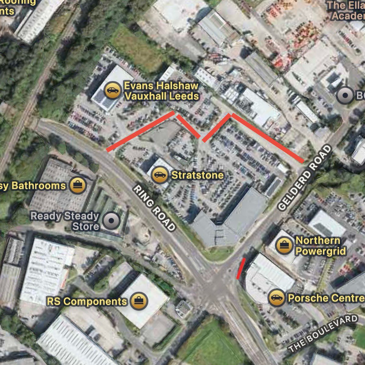 TheSquareBall's tweet photo. 🚙 Heads up for anyone who normally parks here, just off Gelderd Road/the Ring Road. The roads that runs through the car dealerships now have private parking restrictions in place. https://t.co/qA7kLkhLsb