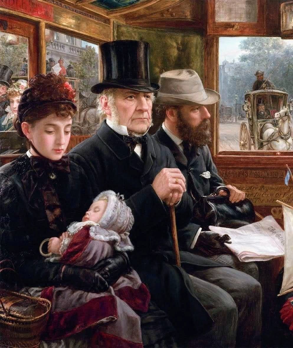 Piccadilly Circus- that circus have a magnet for him, that circus represent life, that circus is the beginning and the ending of the world.
-Sam Selvon,1923-94. The Lonely Londoners

🎨Alfred Morgan
A Bus Journey to Piccadilly Circus - 1885
Oil on canvas, 82 x 109.5 cm
Detail