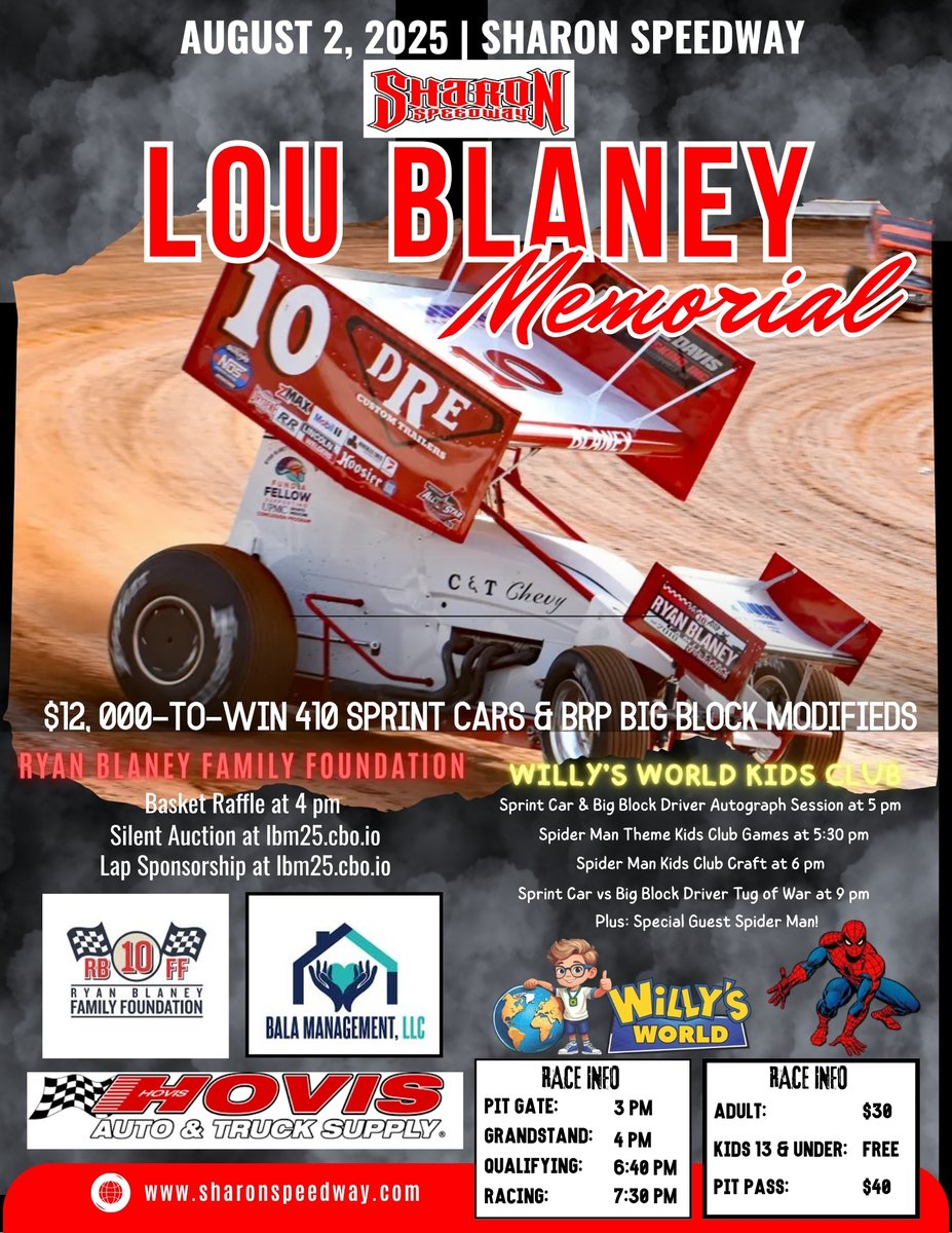 Sharon Speedway (@sharonspdwy) on Twitter photo It's finally here...the 17th annual <a href="/LouBlaneyMem/">Lou Blaney Memorial</a>! TONIGHT the <a href="/HovisAutoSupply/">Hovis Auto Supply</a> "410" Sprint Cars race in the region's richest non-sanctioned event for $13,000 to-win and the <a href="/TourBrp/">BRP Modified Tour</a> Mods for $3,600 to-win! Thanks to the numerous sponsors that have have added $8,700 into the It's finally here...the 17th annual <a href="/LouBlaneyMem/">Lou Blaney Memorial</a>! TONIGHT the <a href="/HovisAutoSupply/">Hovis Auto Supply</a> "410" Sprint Cars race in the region's richest non-sanctioned event for $13,000 to-win and the <a href="/TourBrp/">BRP Modified Tour</a> Mods for $3,600 to-win! Thanks to the numerous sponsors that have have added $8,700 into the