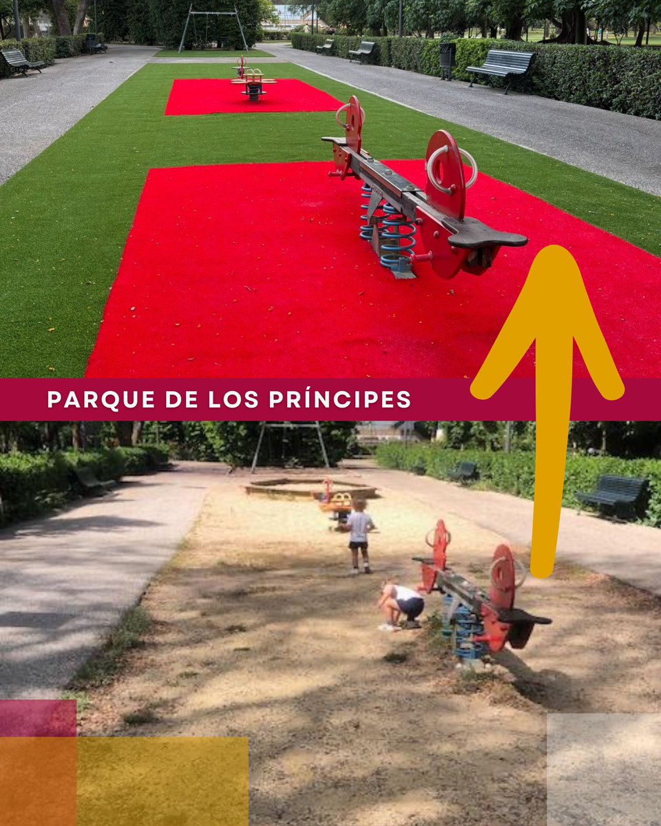 Este es un nuevo ejemplo de cómo queremos que se hagan las cosas. 

🛝2 fotos de una misma perspectiva de la zona infantil del Parque de los Príncipes que estamos a punto de terminar de reformar

Como este, estamos trabajando en decenas de espacios similares

#SevillaEstáenMarcha
