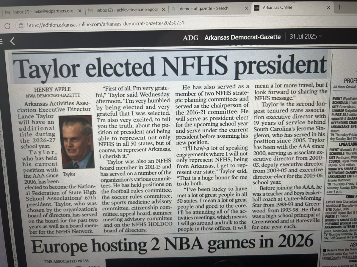 MichaelPoore1's tweet photo. Congratulations to @ArkActAssn Lance Taylor in being selected as the next President of the National Federation of State HS Associations!  I am grateful to Lance for being a part of the initial “Think Tank” to ignite @lrsd athletics!  What a great rep from our state! https://t.co/Ocrk12GZab