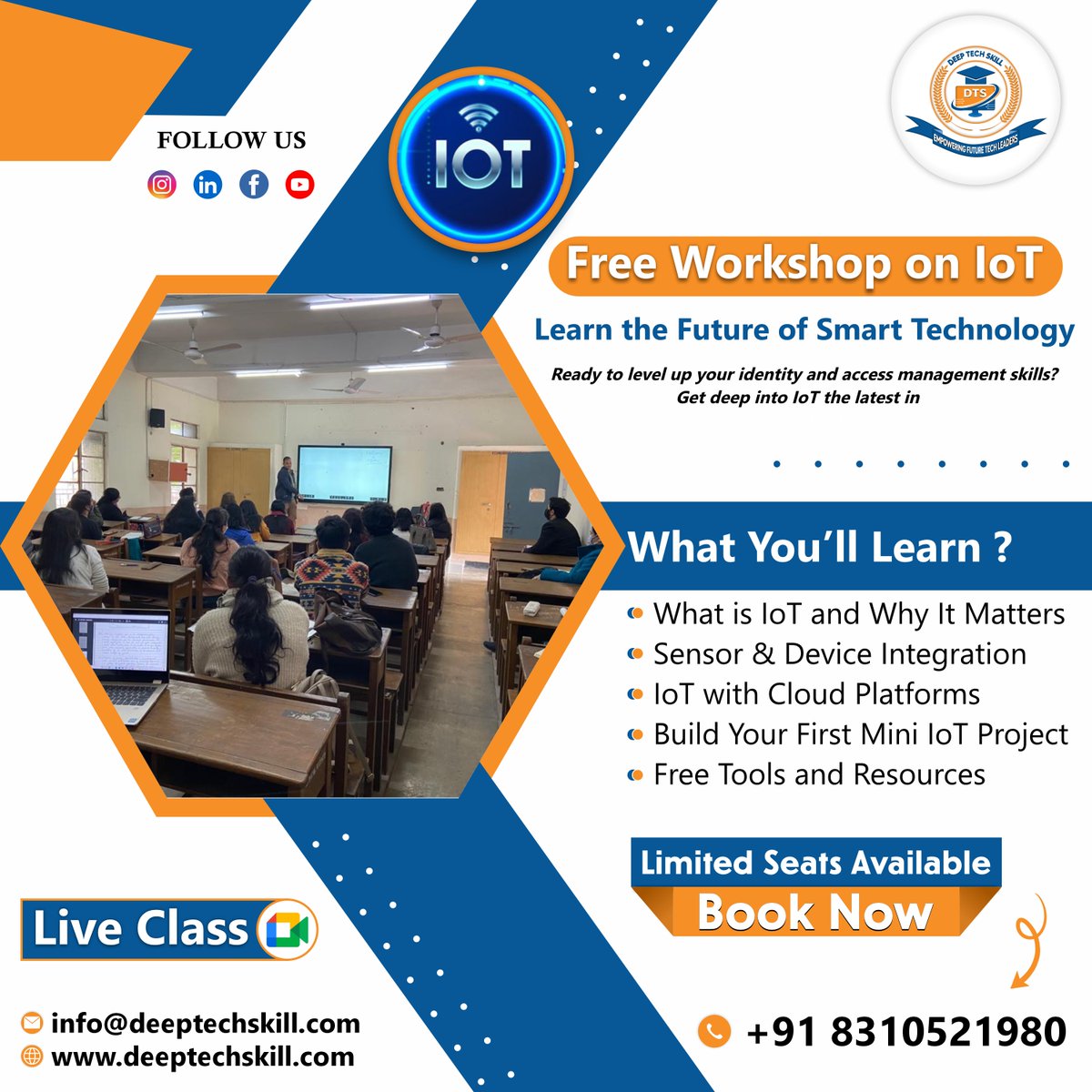 DeepTechSkill's tweet image. Ready to dive into the world of Internet of Things (IoT)? Join our FREE workshop and get hands-on experience with the latest in IoT technology!

🕒 Limited Seats Available!

📞 Book Your Spot Now! Call +91 8310521980

🌐 For more info: deeptechskill.com

#IoTWorkshop