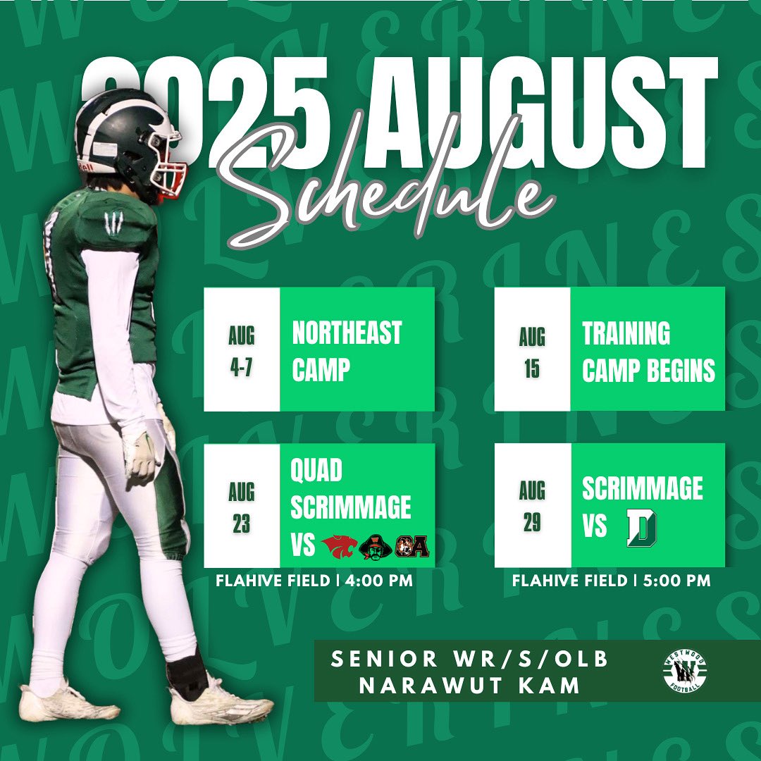 ⏳⏳⏳ August is finally here... Northeast Camp on Monday, Training Camp begins August 15th

Scrimmages:

August 23: QUAD Scrimmage vs. Milton, Wellesley, and Oliver Ames - HOME (4 PM)

August 29: Scrimmage vs. Duxbury - HOME (5 PM)

🚨TIMES ARE SUBJECT TO CHANGE🚨