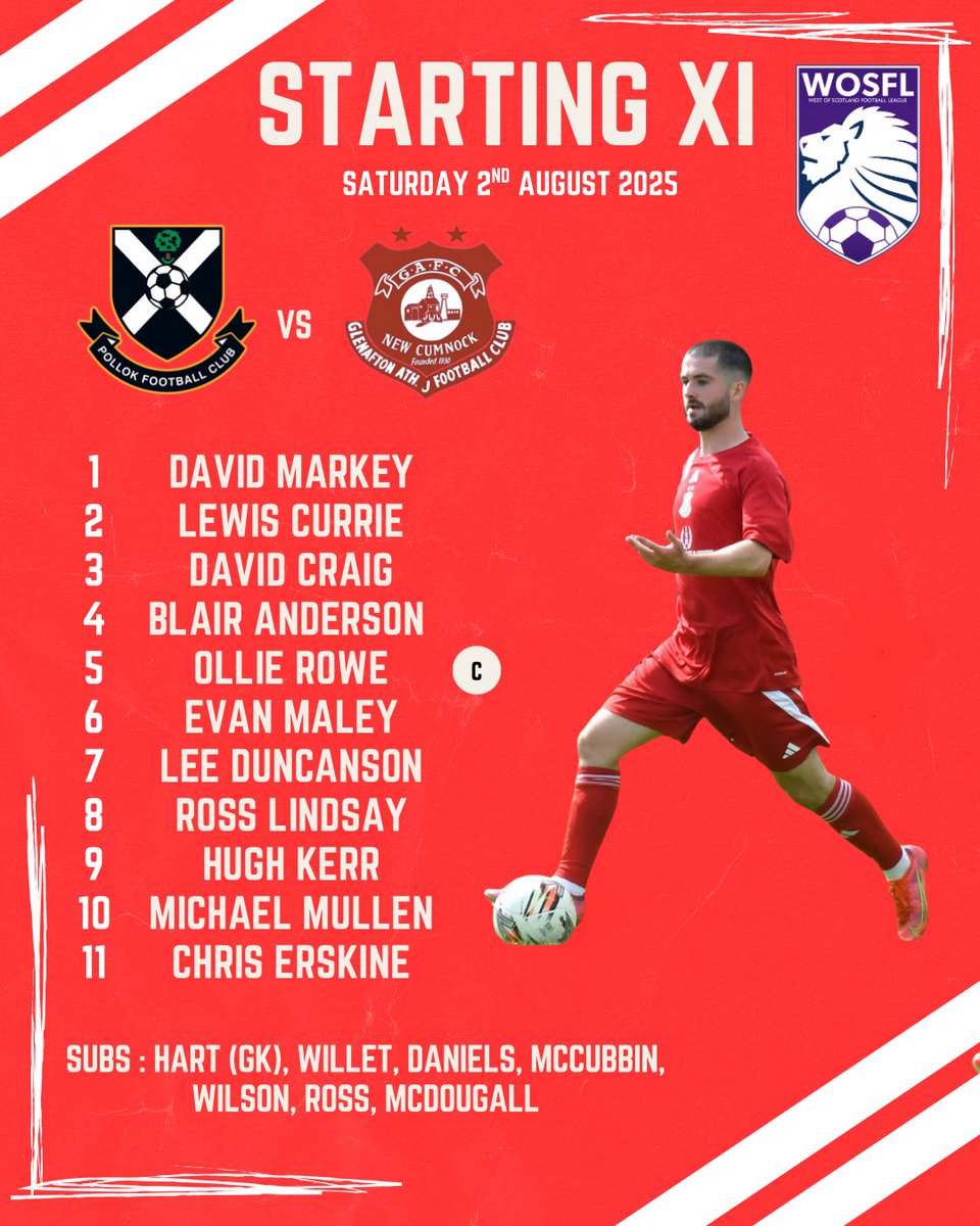 Glenafton Athletic (@glenaftonajfc) on Twitter photo ⚽️👊🏼| STARTING XI 
  
Your Glens line-up to take on <a href="/pollokfc/">Pollok FC</a> in today’s <a href="/OfficialWoSFL/">West of Scotland Football League 🏴</a> Premier Division league match.
#awatheglens 🔴⚪️ ⚽️👊🏼| STARTING XI 
  
Your Glens line-up to take on <a href="/pollokfc/">Pollok FC</a> in today’s <a href="/OfficialWoSFL/">West of Scotland Football League 🏴</a> Premier Division league match.
#awatheglens 🔴⚪️