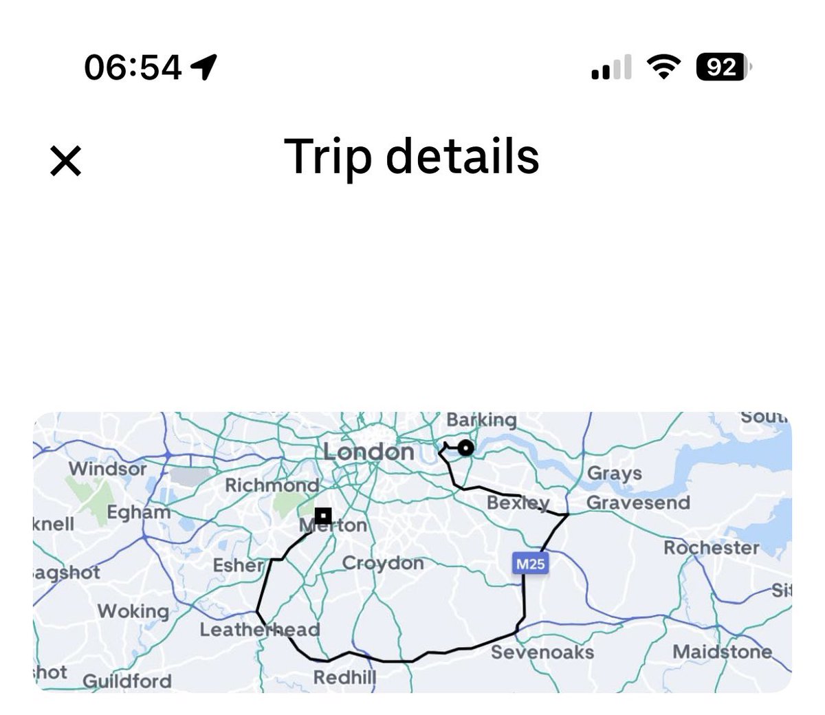 huajiang's tweet photo. @Uber_Support My trip from London City Airport to Wimbledon cost £260! The app quoted £107. Driver took a 2hr detour via M25 instead of direct route through London. Totally unreasonable. please investigate and refund the overcharge. @Uber https://t.co/s6AddbRHaz