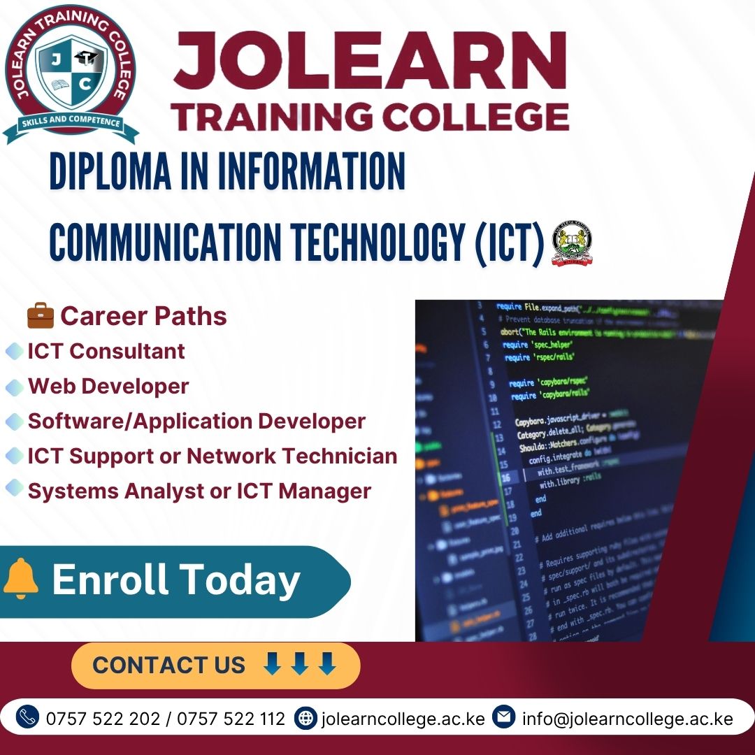 JolearnCollege's tweet image. 💻 Diploma in ICT – Your Gateway to the Digital World
Ready to launch a career in tech? The Diploma in ICT at JoLearn Training College equips you with essential digital skills for today’s job market.
