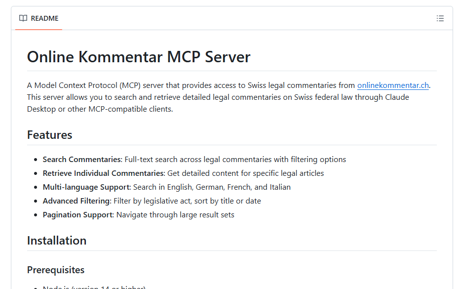 🚀 Onlinekommentar (<a href="/O_Kommentar/">Onlinekommentar</a>) goes MCP! 🚀

A few days ago, Onlinekommentar announced its API (thanks <a href="/jacksleight/">Jack Sleight</a>) , giving programmatic access to legal commentary. <a href="/ElliotVaucher/">Elliot Vaucher</a> has taken it a step further and built an #MCP server 💚: github.com/self-tech-labs…

That means