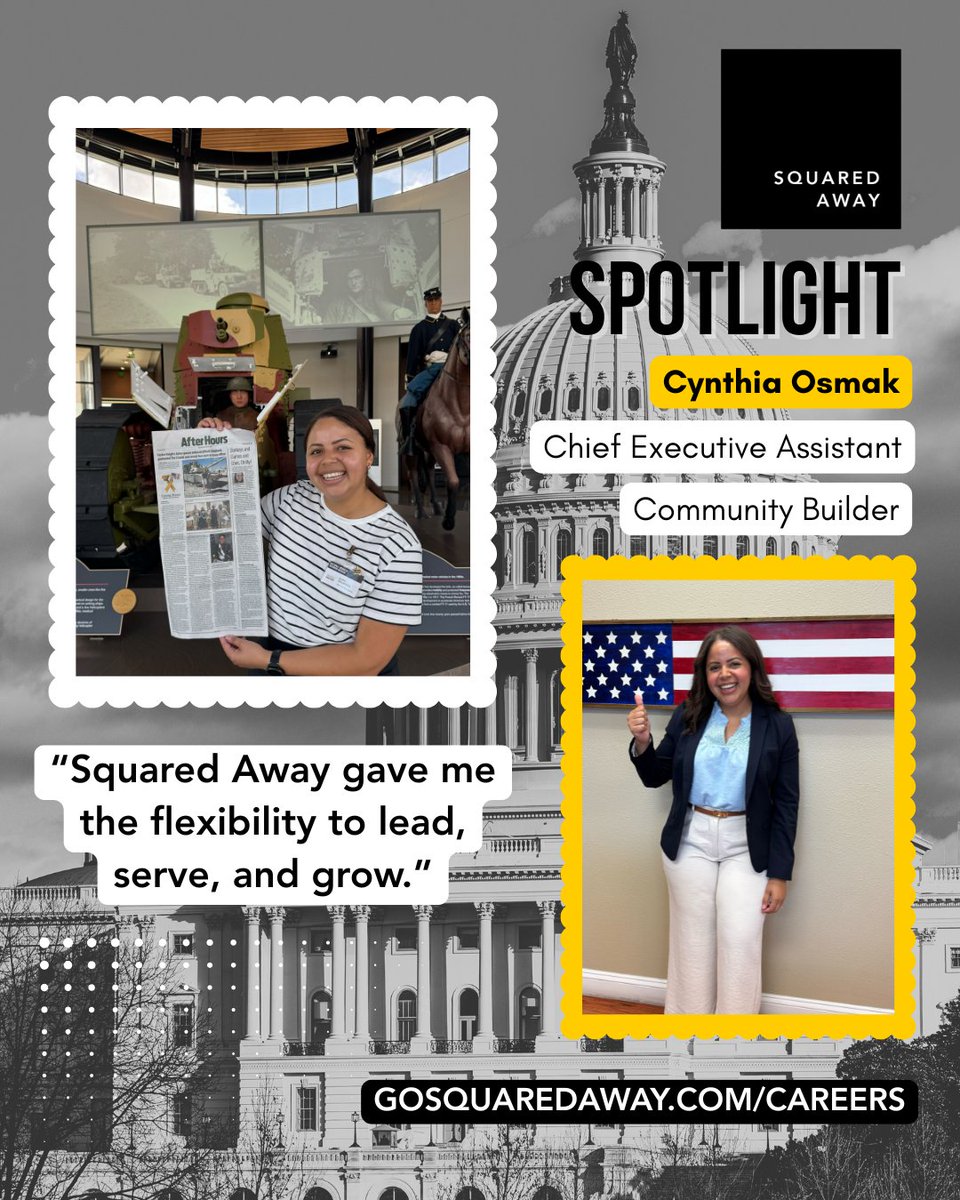 ✨ Teammate Spotlight: Cynthia Osmak ✨

At Squared Away, we support the whole person. Cynthia’s used that flexibility to volunteer with 5 orgs + lead in her AUSA chapter, and now she’s speaking at their national conference!

Join us 👉 l8r.it/HOKS

#empoweringwomen